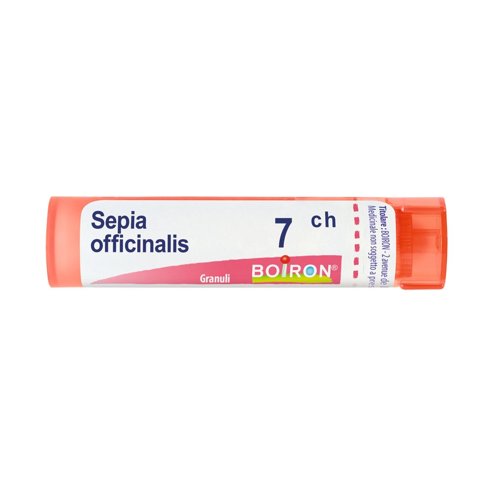 Confezione cilindrica con 'Sepia officinalis 7 ch Granuli' e 'BOIRON'.