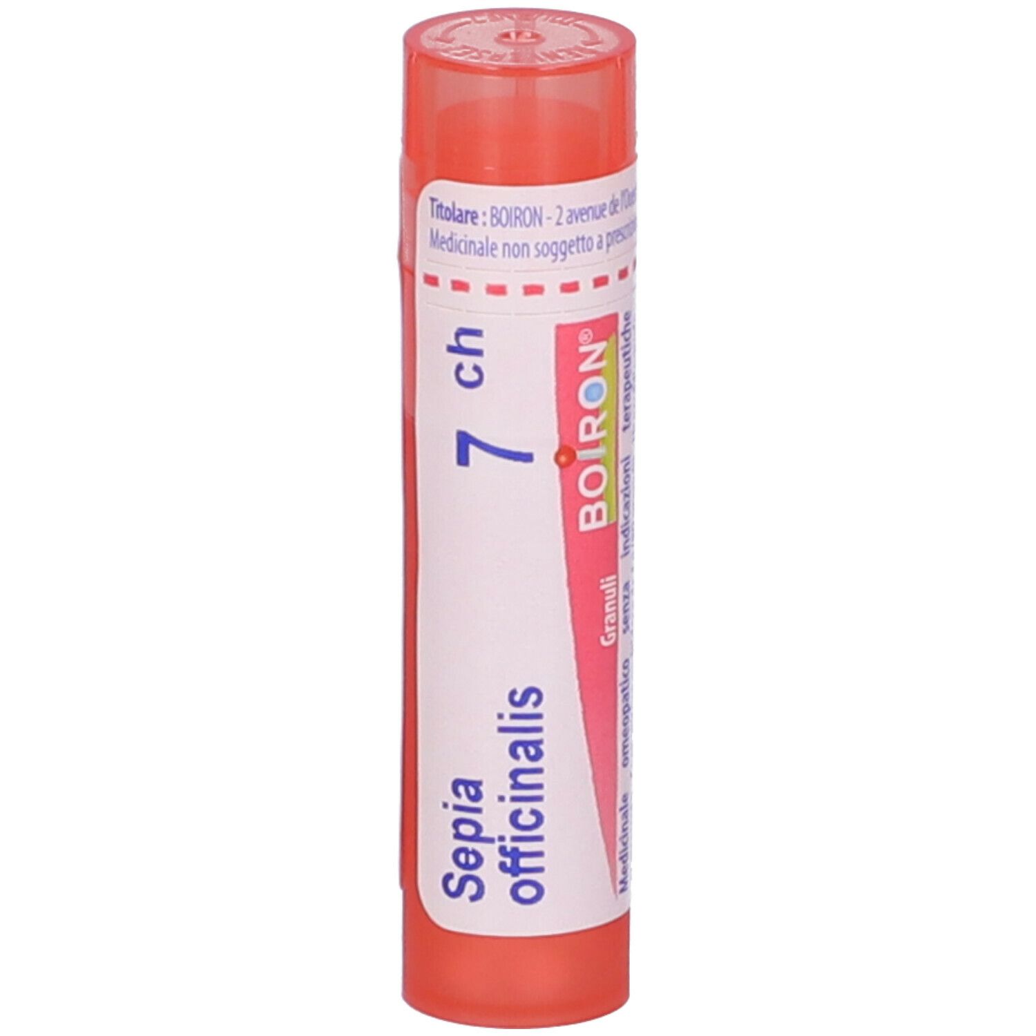 Confezione cilindrica rossa con etichetta bianca. Scritta: 'Sepia officinalis 7 ch' e 'BOIRON'.