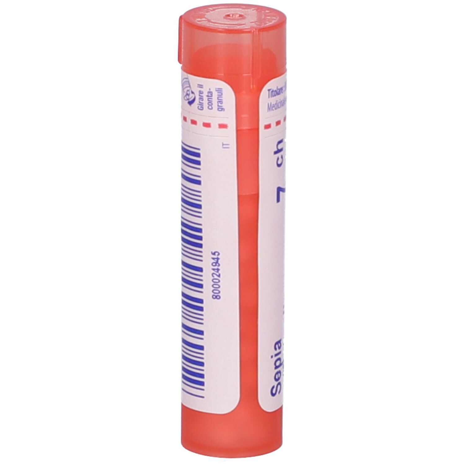Confezione cilindrica rossa con etichetta bianca e codice a barre. Scritta: 'Sepia officinalis 7 ch'.