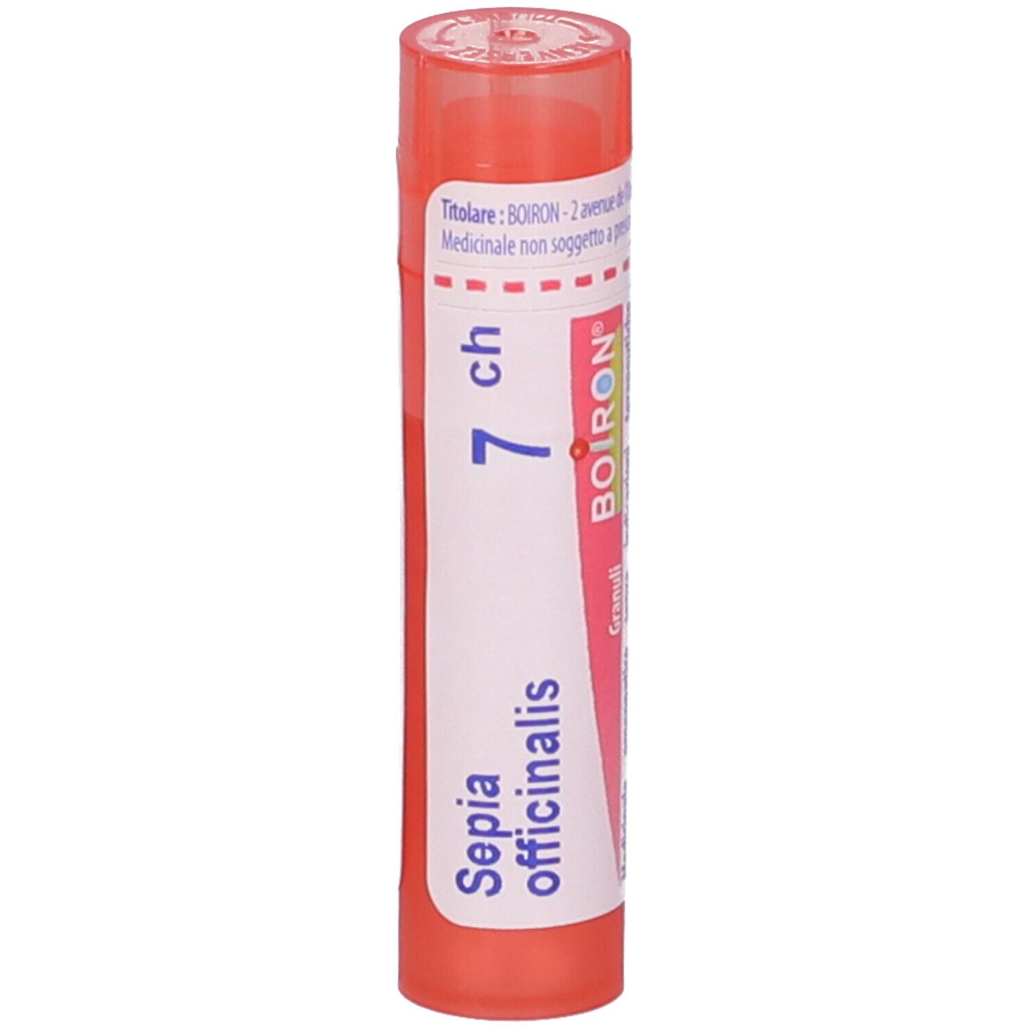 Confezione cilindrica rossa con etichetta bianca. Scritta: 'Sepia officinalis 7 ch' e 'BOIRON'.