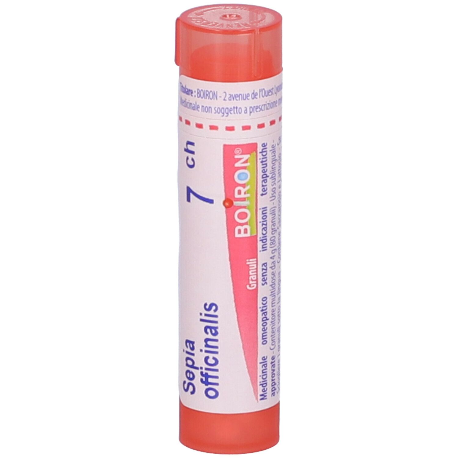 Confezione cilindrica rossa con etichetta bianca. Scritta: 'Sepia officinalis 7 ch' e 'BOIRON'.