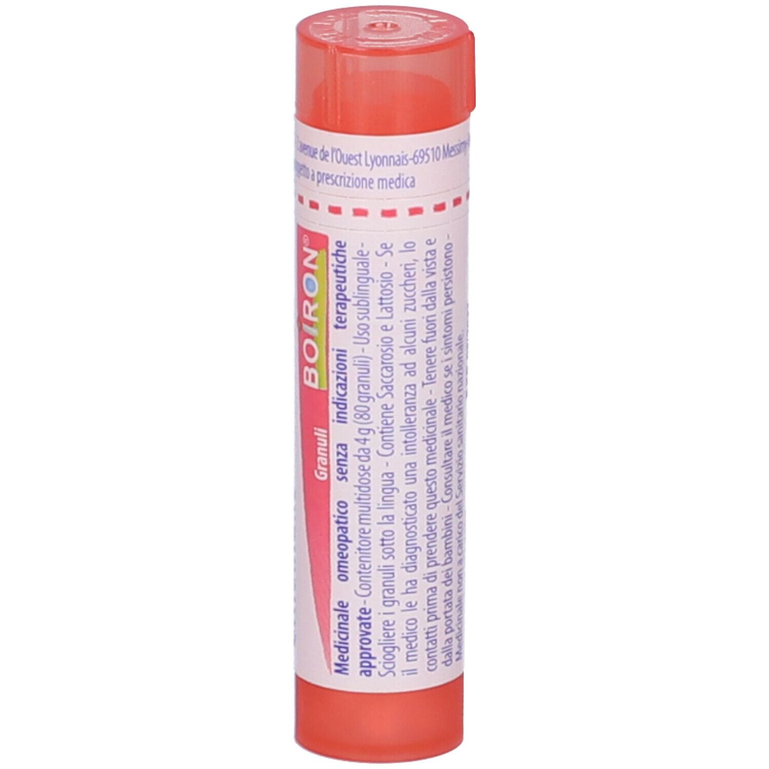 Confezione cilindrica rossa con etichetta bianca. Scritta: 'Sepia officinalis 7 ch' e 'BOIRON'.