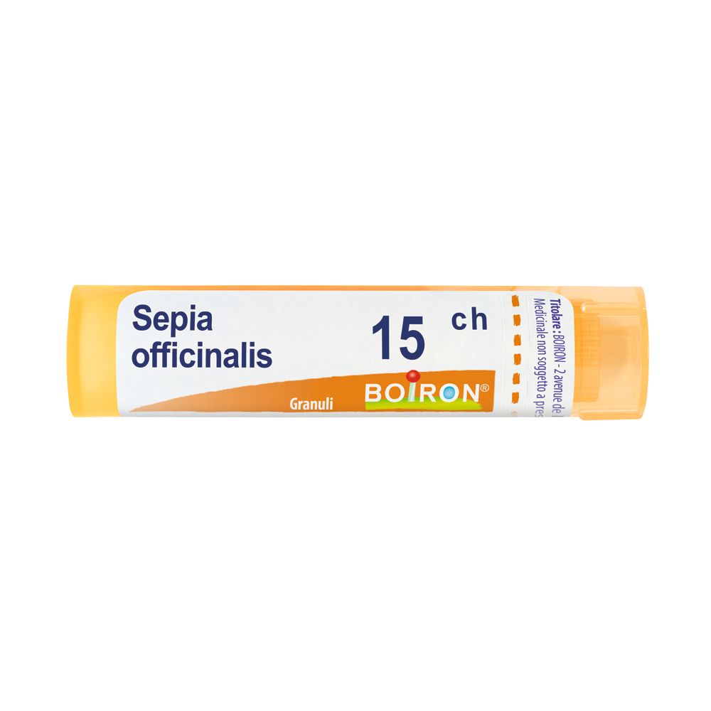 Confezione cilindrica con tappo giallo. Scritta: Sepia officinalis, 15 ch, Granuli, BOIRON.