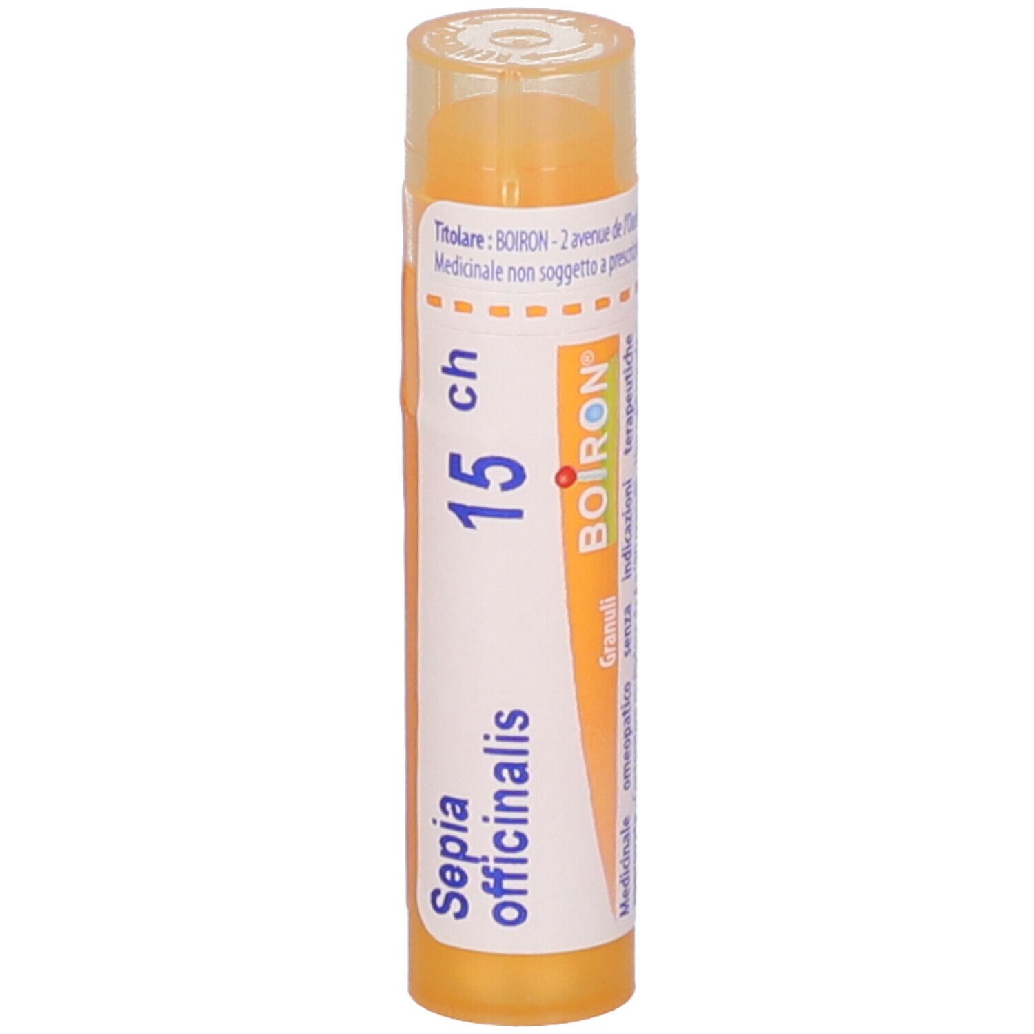 Confezione cilindrica con tappo giallo. Scritta: Sepia officinalis, 15 ch, BOIRON. Vista verticale.