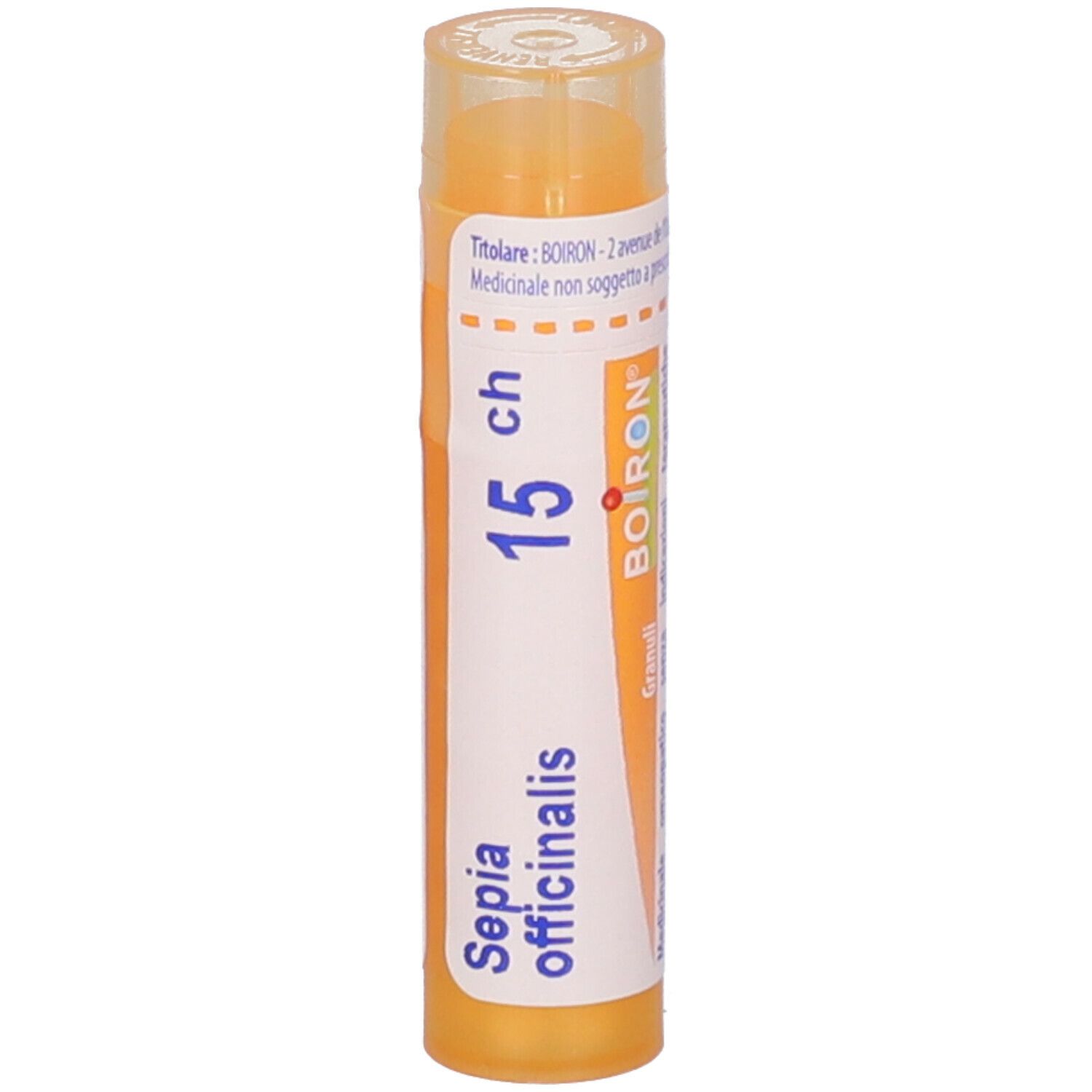 Confezione cilindrica con tappo giallo. Scritta: Sepia officinalis, 15 ch, BOIRON. Vista verticale.
