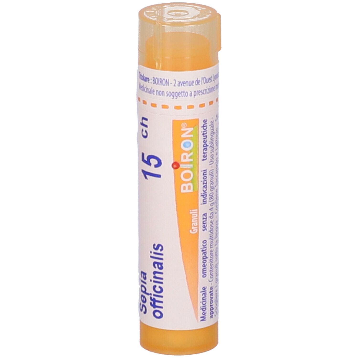 Confezione cilindrica con tappo giallo. Scritta: Sepia officinalis, 15 ch, BOIRON. Vista verticale.