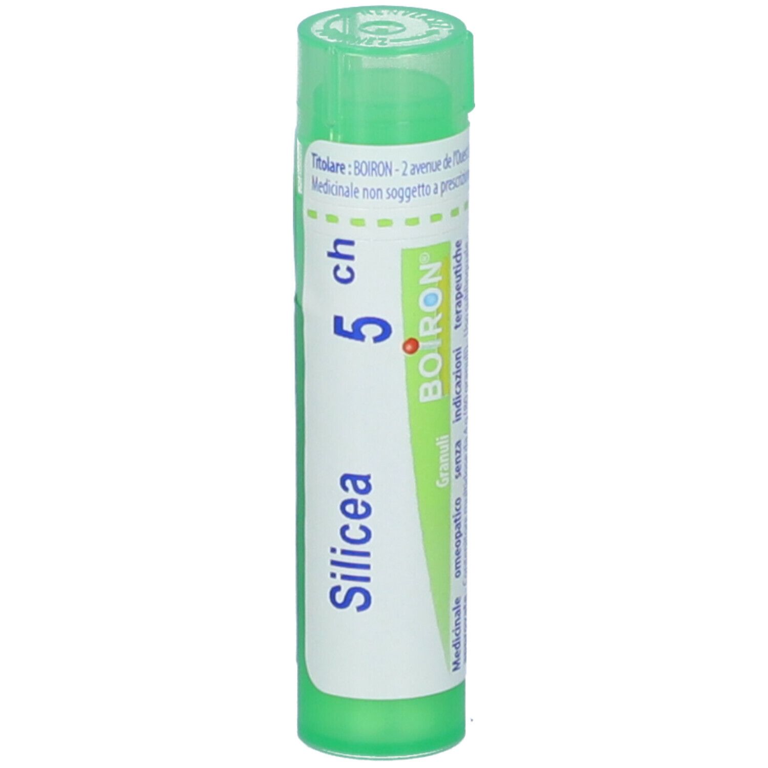 Confezione cilindrica verde con scritta "Silicea 5 ch" e logo BOIRON.