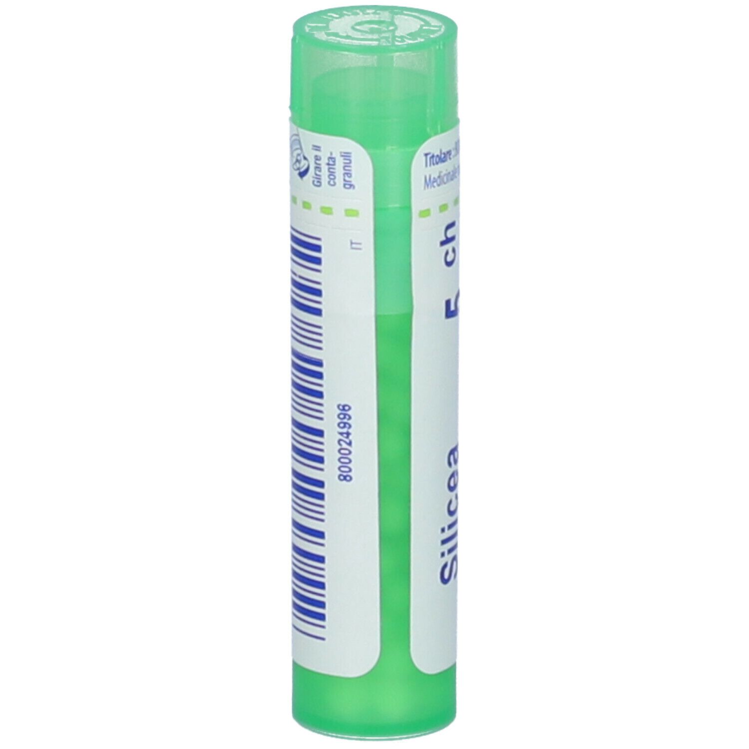 Confezione cilindrica verde con codice a barre e scritta "Silicea 5 ch".