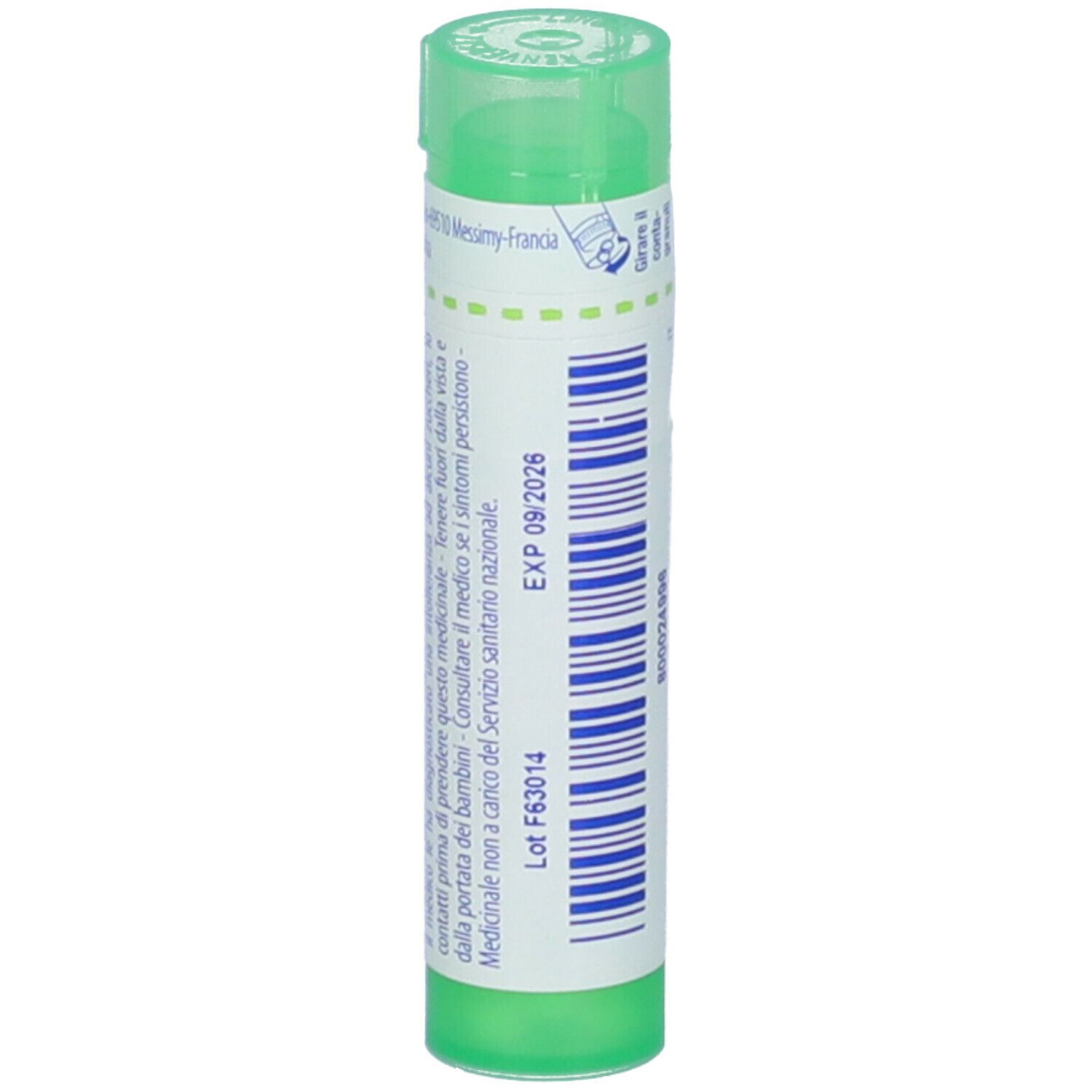 Confezione cilindrica verde con testo e codice a barre. Scritta "Silicea 5 ch".