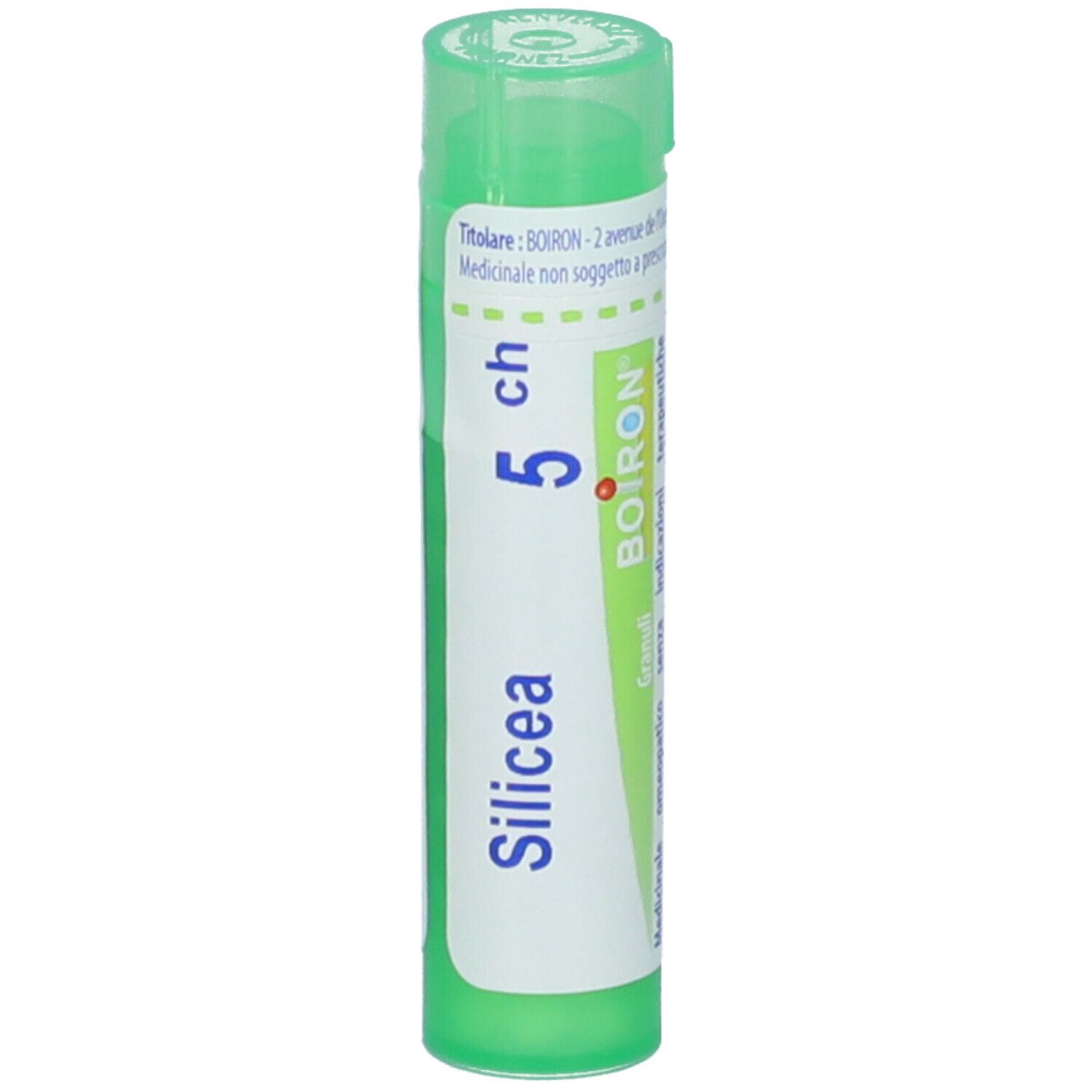 Confezione cilindrica verde con scritta "Silicea 5 ch" e logo BOIRON.