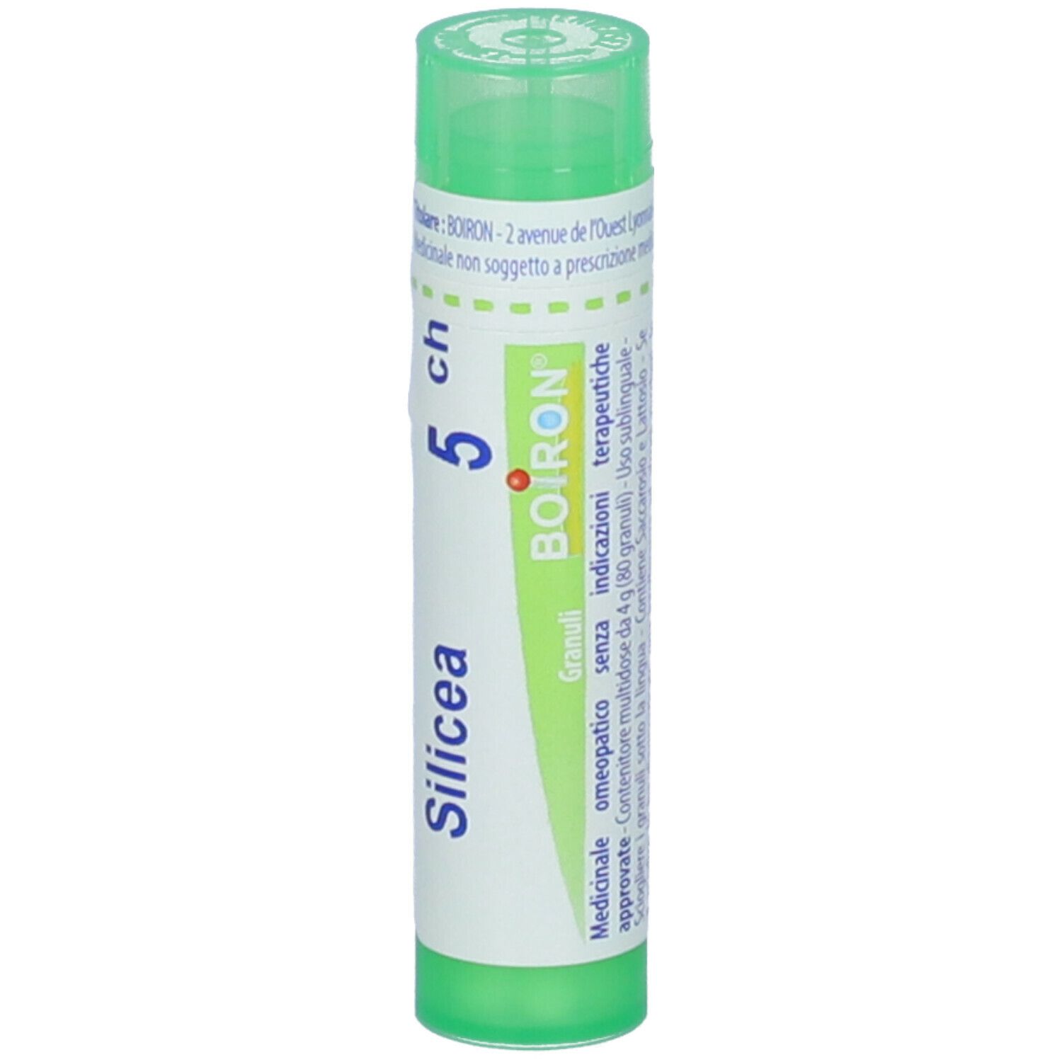 Confezione cilindrica verde con scritta "Silicea 5 ch" e logo BOIRON.