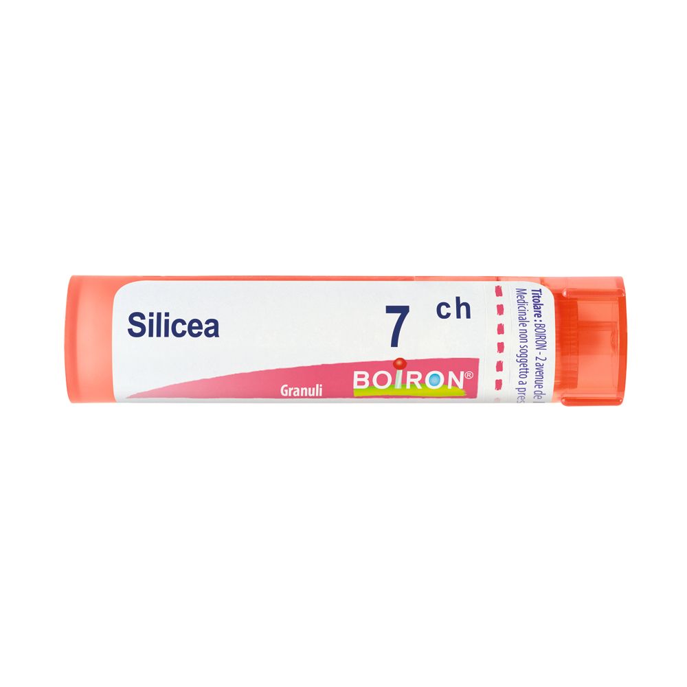 Confezione cilindrica di Silicea 7 ch Granuli. Scritta: BOIRON, Granuli.
