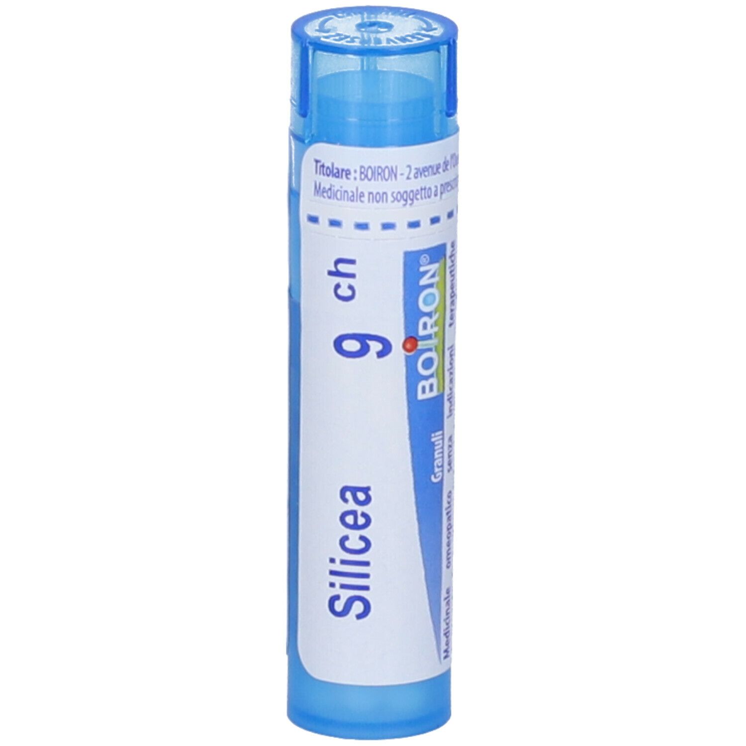 Confezione cilindrica blu. Scritta: Silicea 9 ch, BOIRON, Granuli.