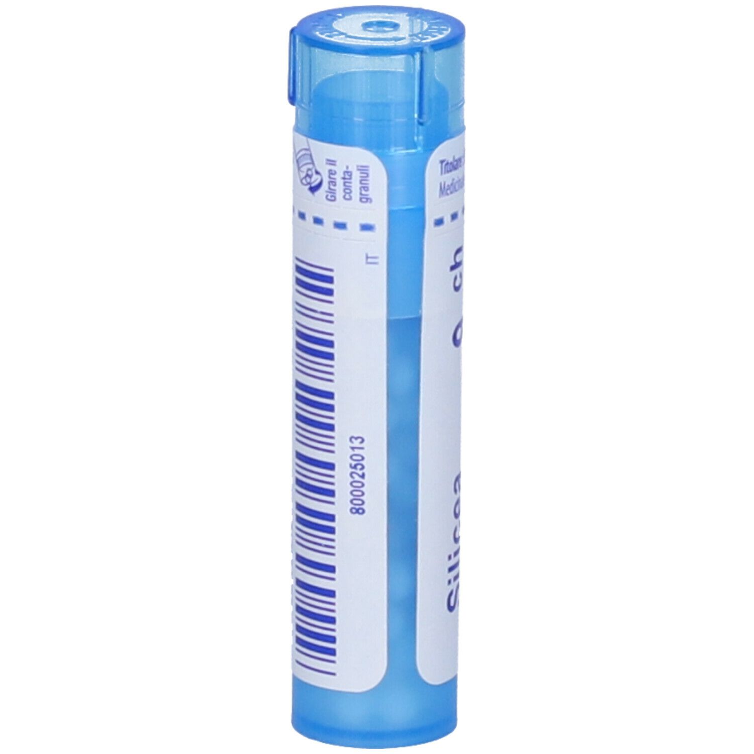 Confezione cilindrica blu. Scritta: Silicea, 9 ch. Codice a barre e altre informazioni.