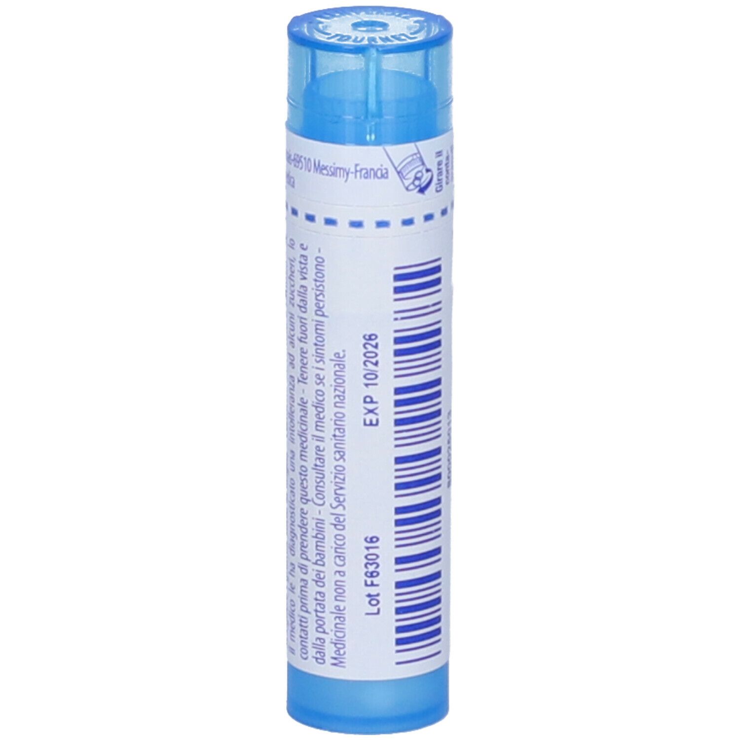 Confezione cilindrica blu. Scritta: Silicea 9 ch. Scadenza: 10/2026.