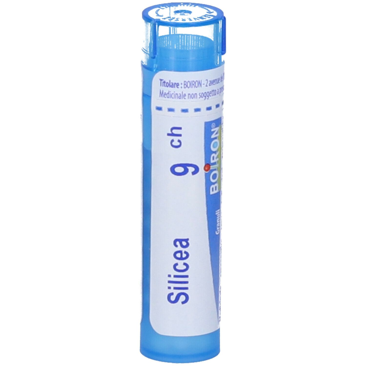 Confezione cilindrica blu. Scritta: Silicea 9 ch, BOIRON, Granuli.