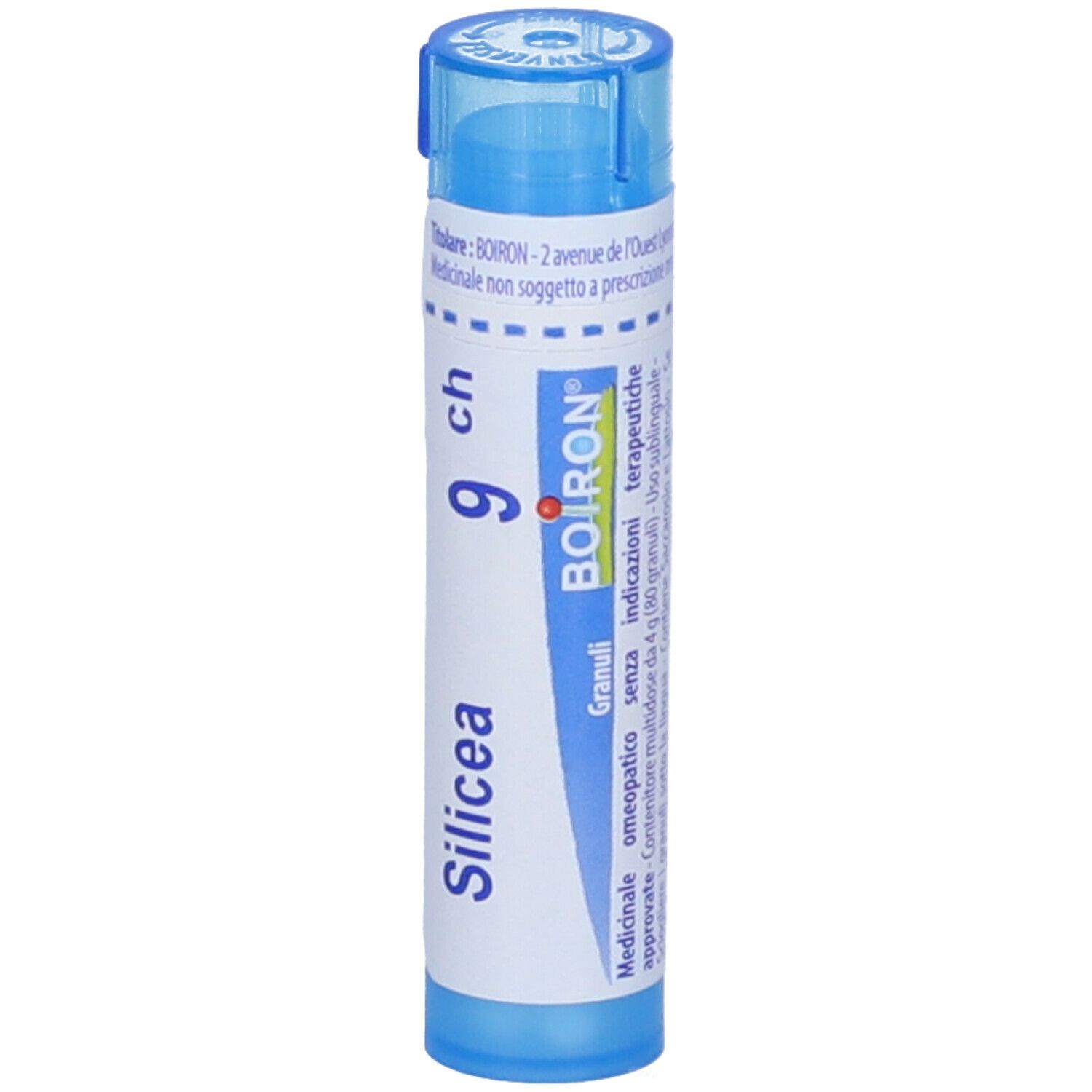 Confezione cilindrica blu. Scritta: Silicea 9 ch, BOIRON, Granuli.