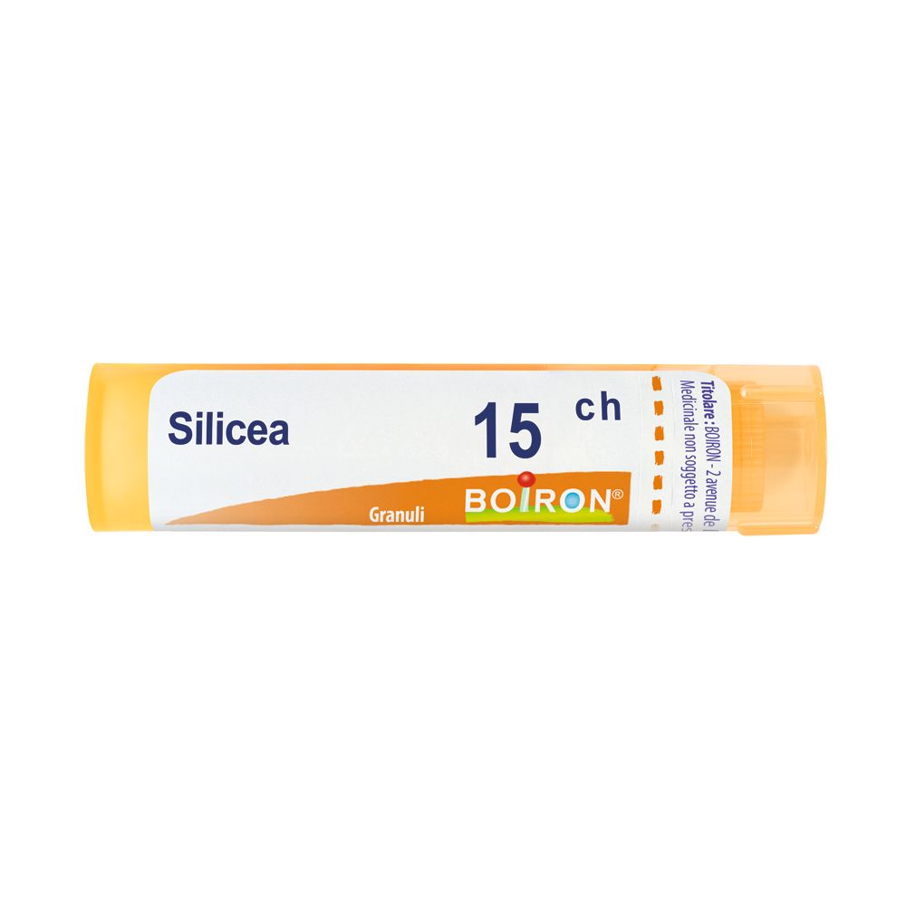 Confezione cilindrica con etichetta bianca. Scritta: Silicea 15 ch, BOIRON, Granuli.