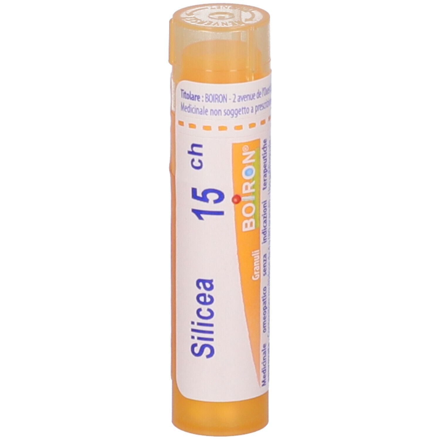 Confezione cilindrica, etichetta bianca con Silicea 15 ch, BOIRON. Coperchio giallo.