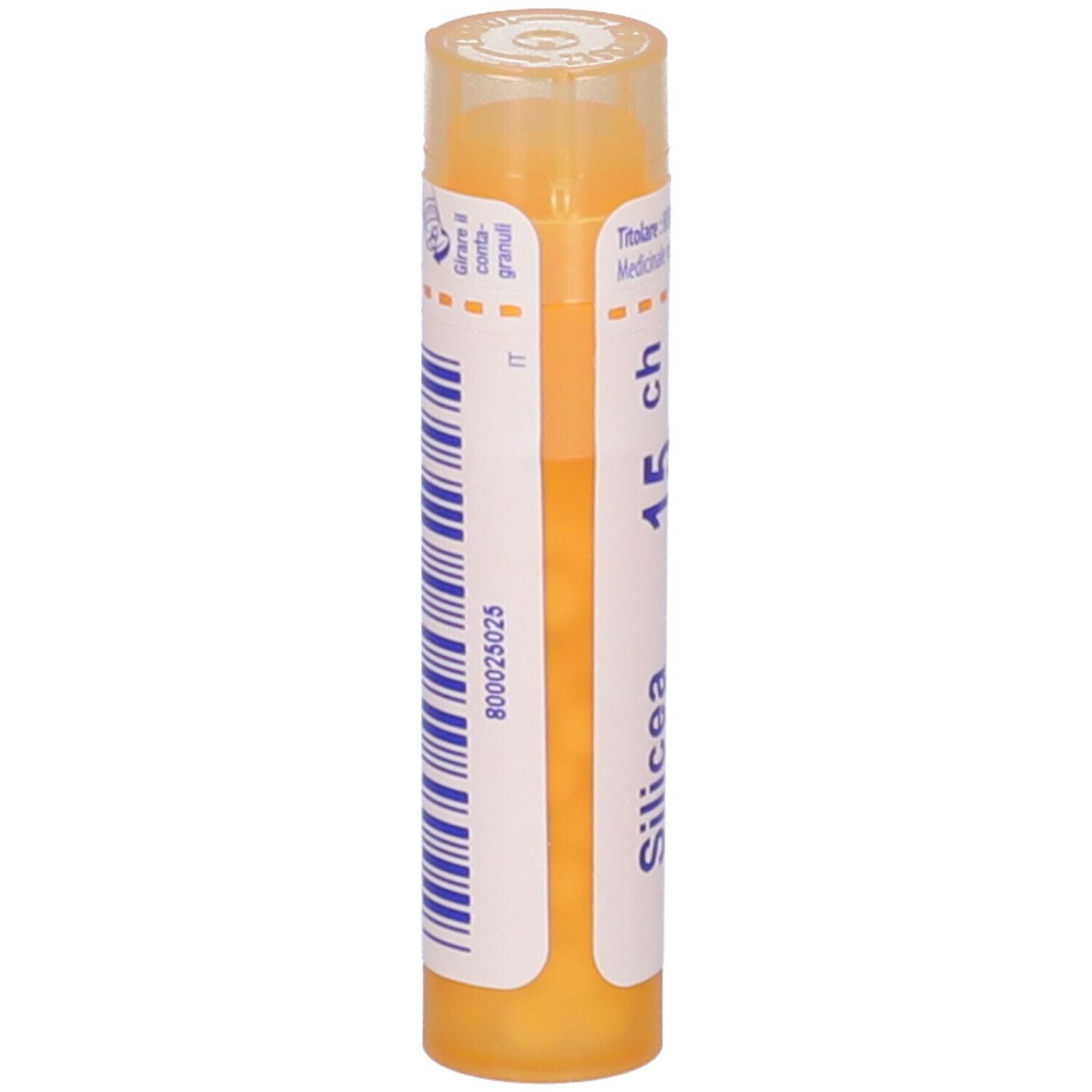 Confezione cilindrica, etichetta bianca con codice a barre e Silicea 15 ch. Coperchio giallo.
