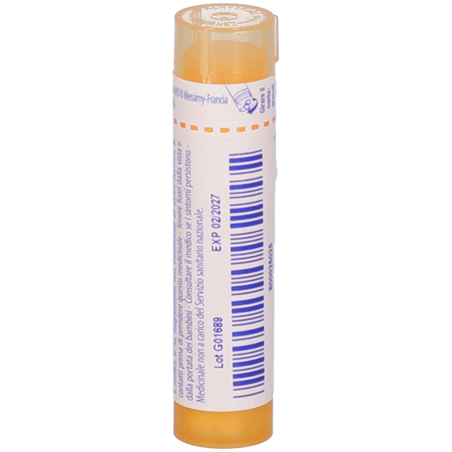 Confezione cilindrica, etichetta bianca con testo e codice a barre. Coperchio giallo. Scritta: EXP 02/2027.