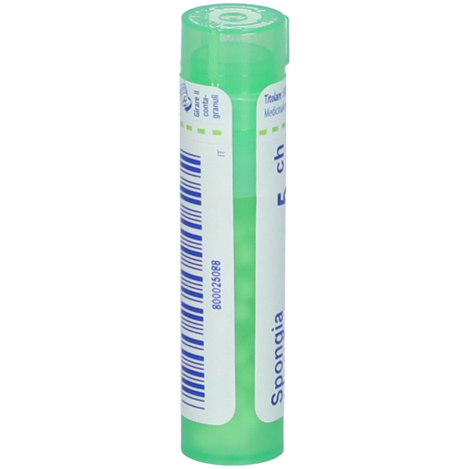 Confezione cilindrica verde. Scritta: Spongia, 5 ch. Con codice a barre e tappo verde.