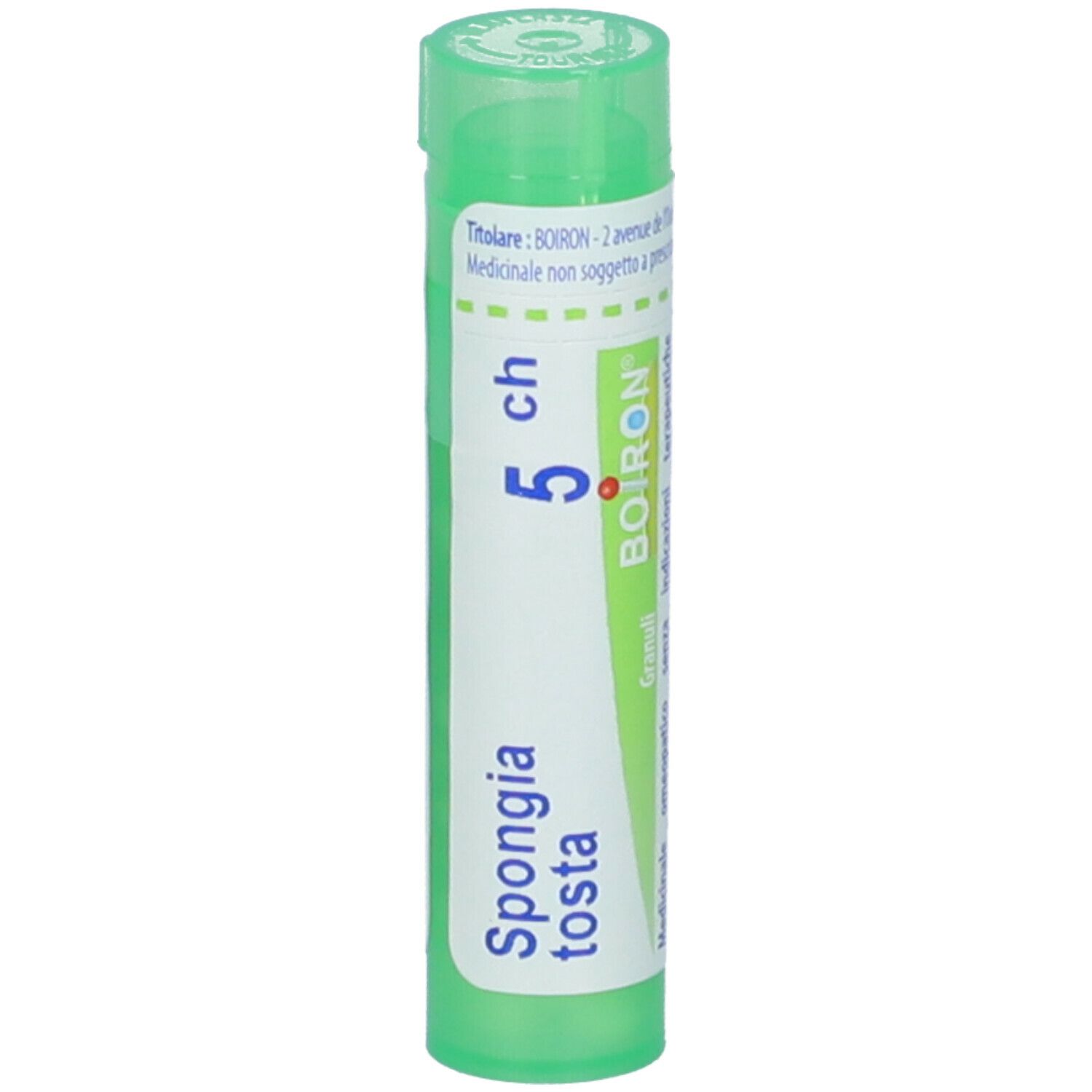 Confezione cilindrica verde. Scritta: Spongia tosta, 5 ch, BOIRON. Con tappo verde.