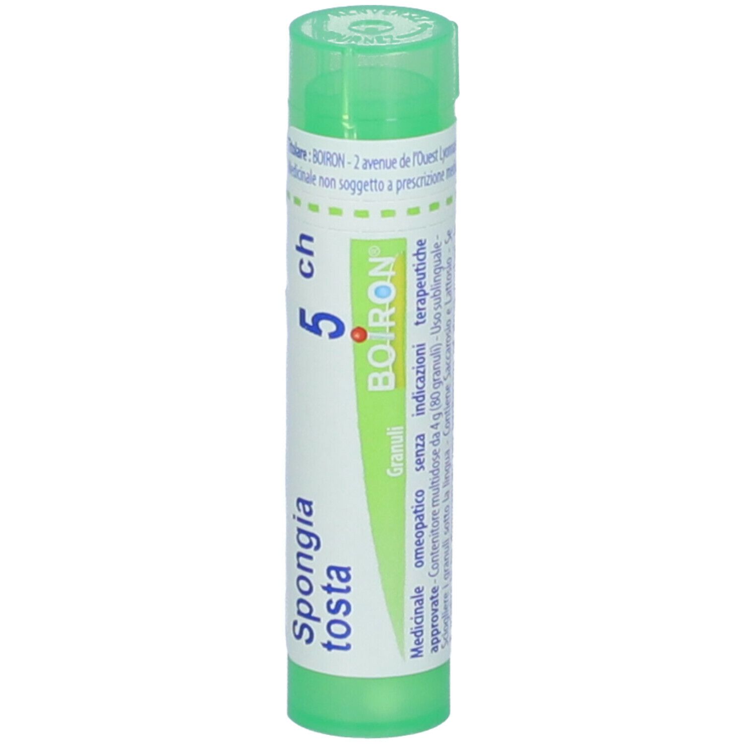 Confezione cilindrica verde. Scritta: Spongia tosta, 5 ch, BOIRON. Con tappo verde.