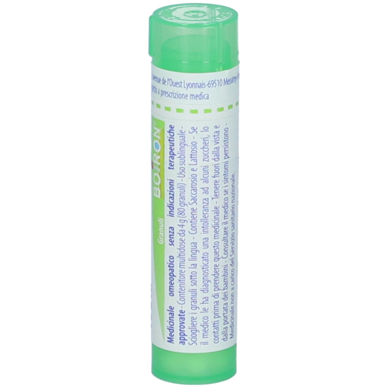 Confezione cilindrica verde. Scritta: Spongia tosta, 5 ch, BOIRON. Con tappo verde.