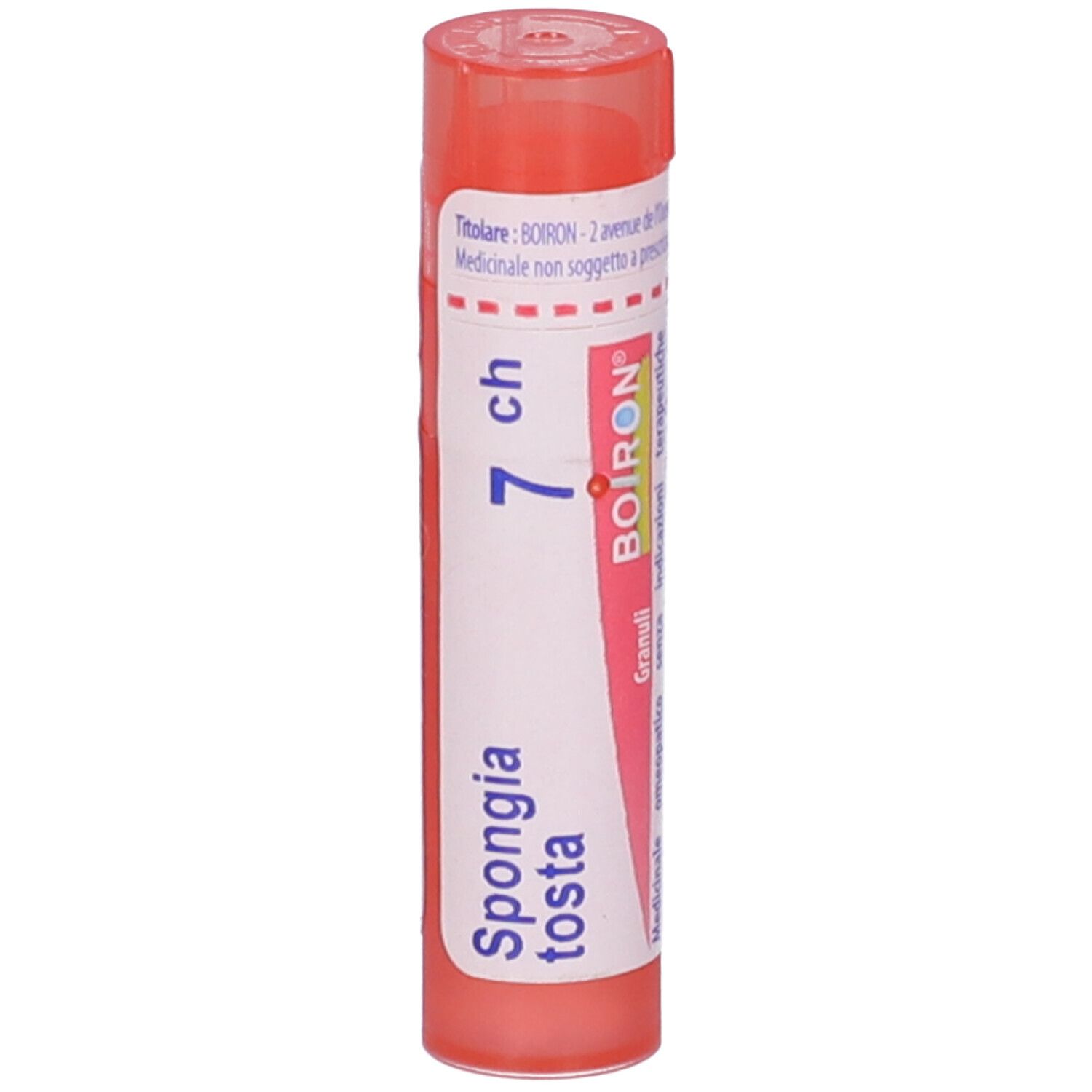 Confezione cilindrica rosa. Scritta "Spongia tosta 7 ch" e logo BOIRON. Aperta in alto.
