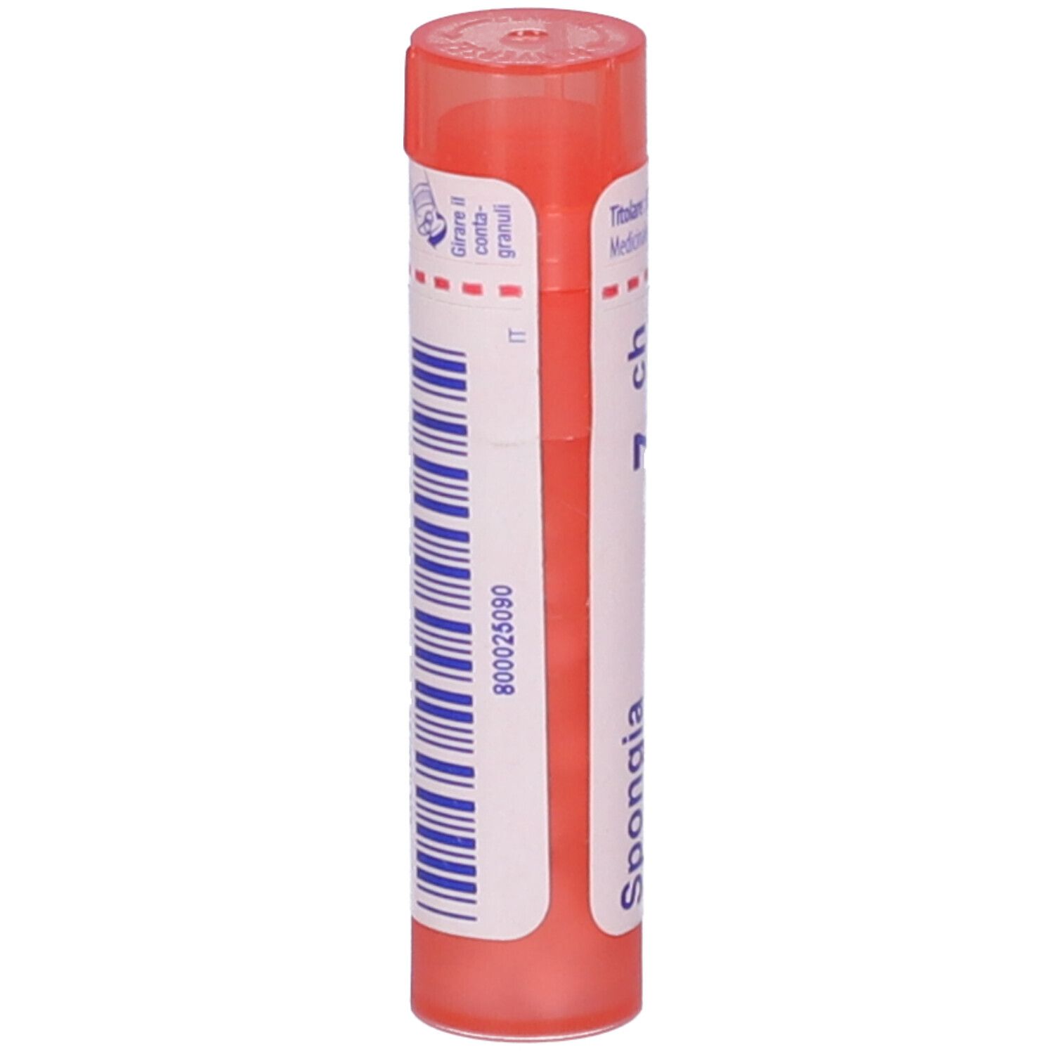 Confezione cilindrica rosa. Scritta "Spongia tosta 7 ch". Codice a barre e altre informazioni.