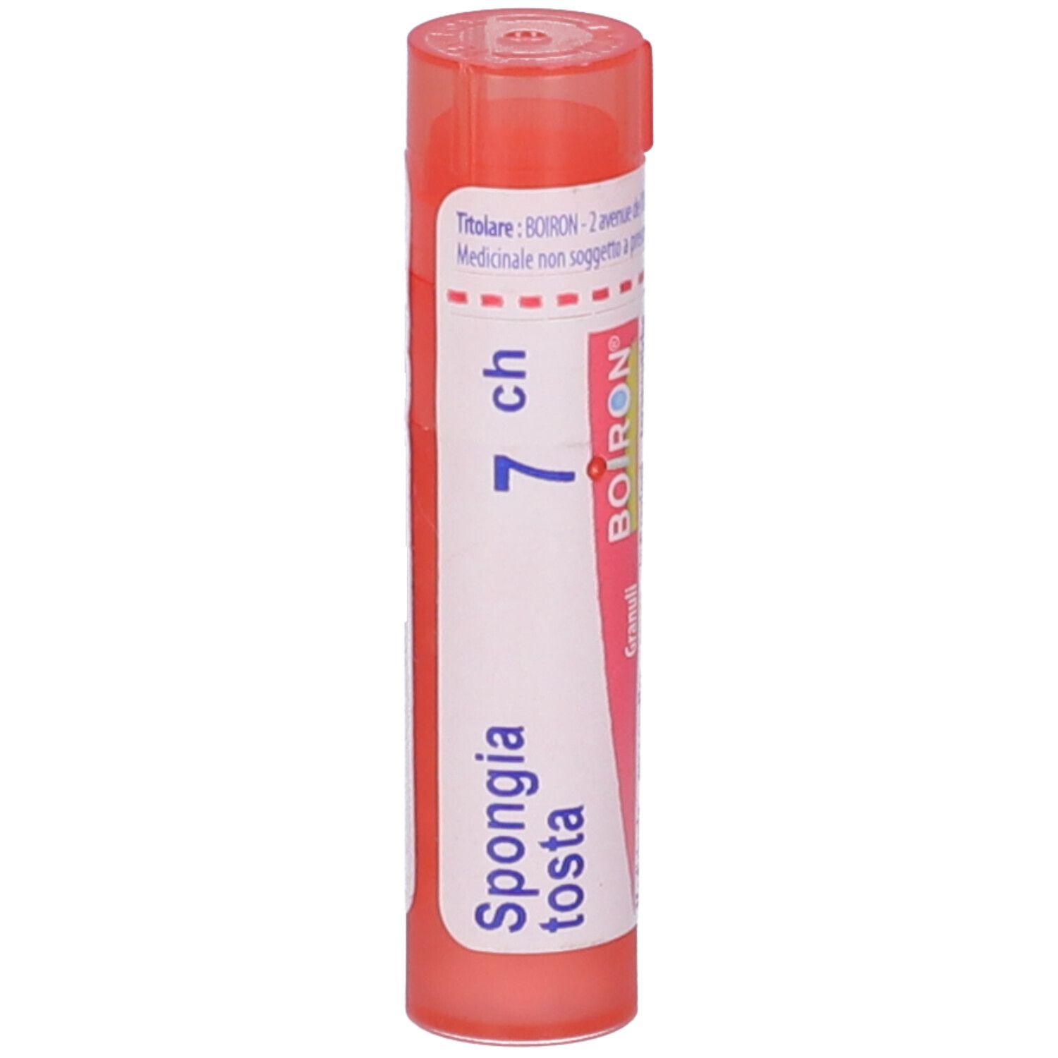 Confezione cilindrica rosa. Scritta "Spongia tosta 7 ch" e logo BOIRON. Aperta in alto.