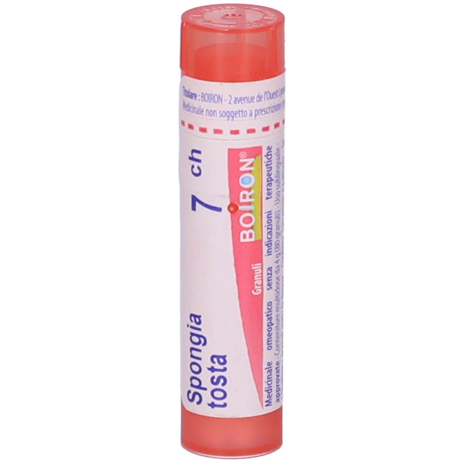 Confezione cilindrica rosa. Scritta "Spongia tosta 7 ch" e logo BOIRON. Aperta in alto.