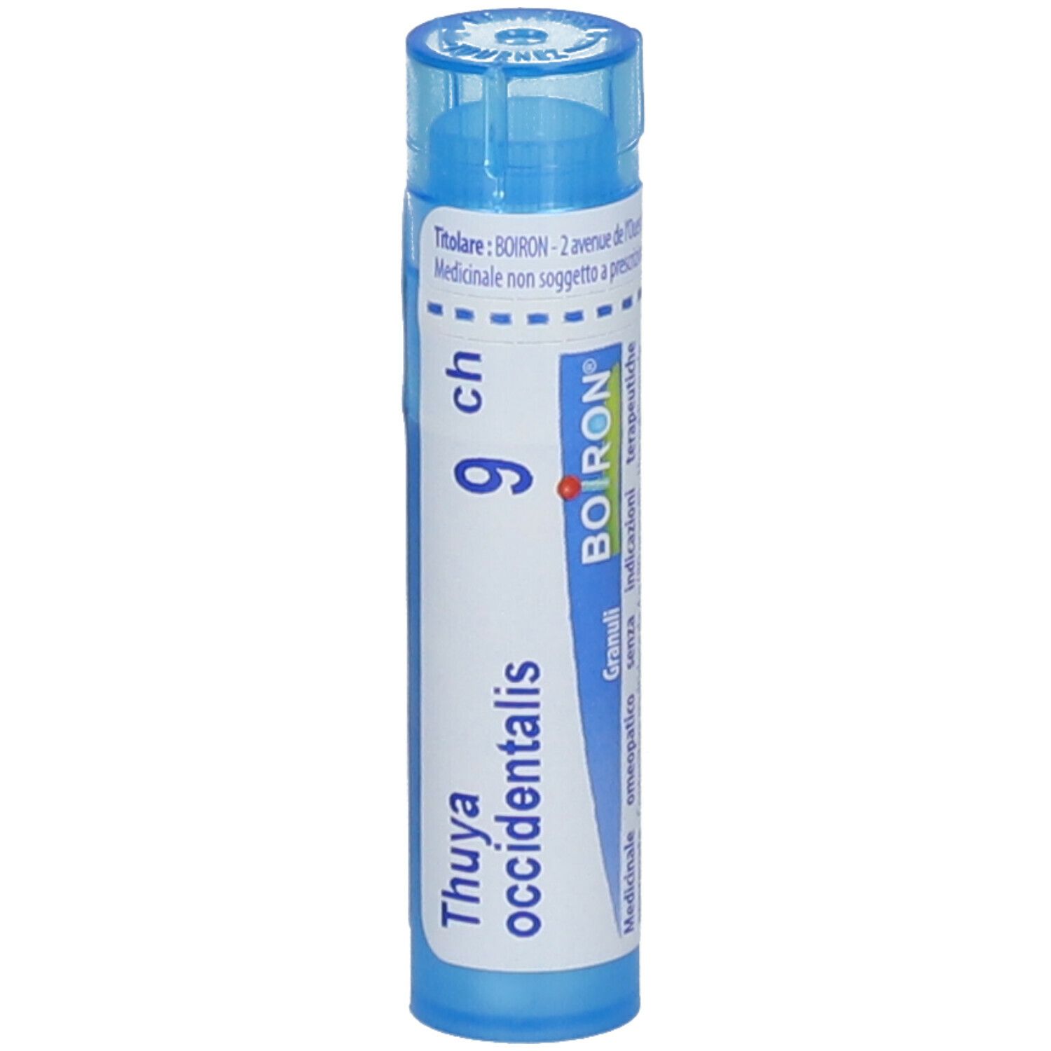 Tubo blu con etichetta bianca. Scritta 'Thuya occidentalis 9 ch' e logo BOIRON. Prodotto medico.