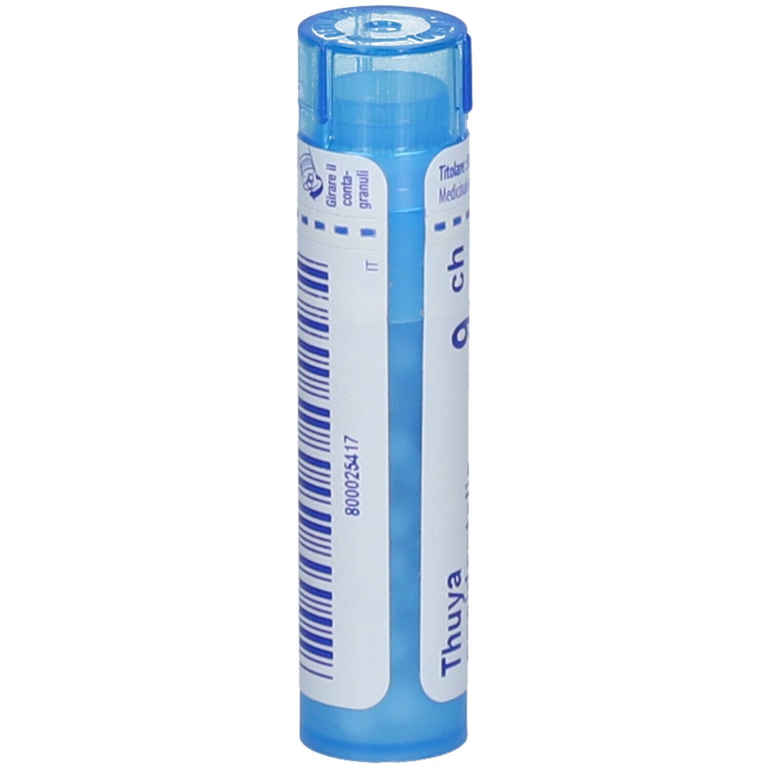 Tubo blu con etichetta bianca e codice a barre. Scritta 'Thuya occidentalis'. Prodotto medico.