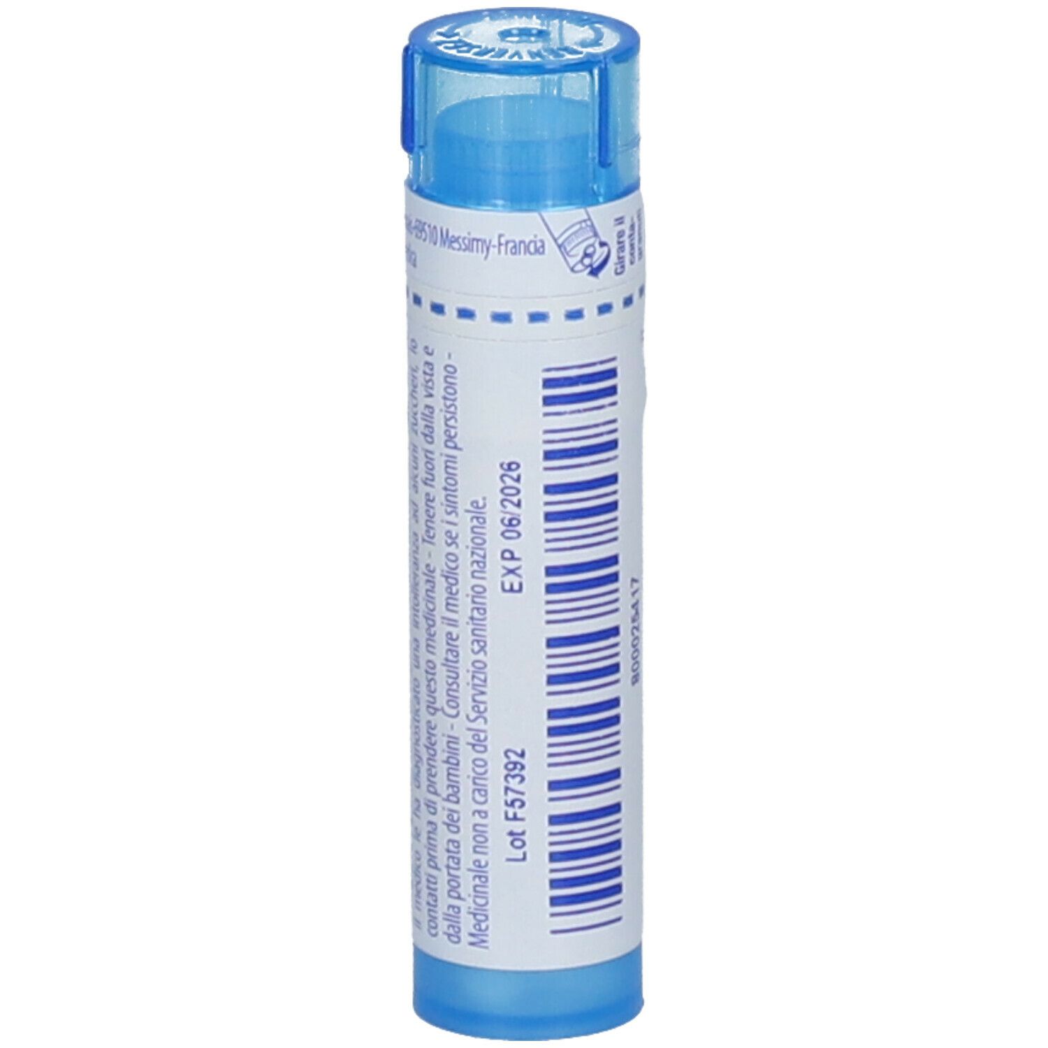 Tubo blu con etichetta bianca. Scritta 'EXP 06/2026'. Prodotto medico.