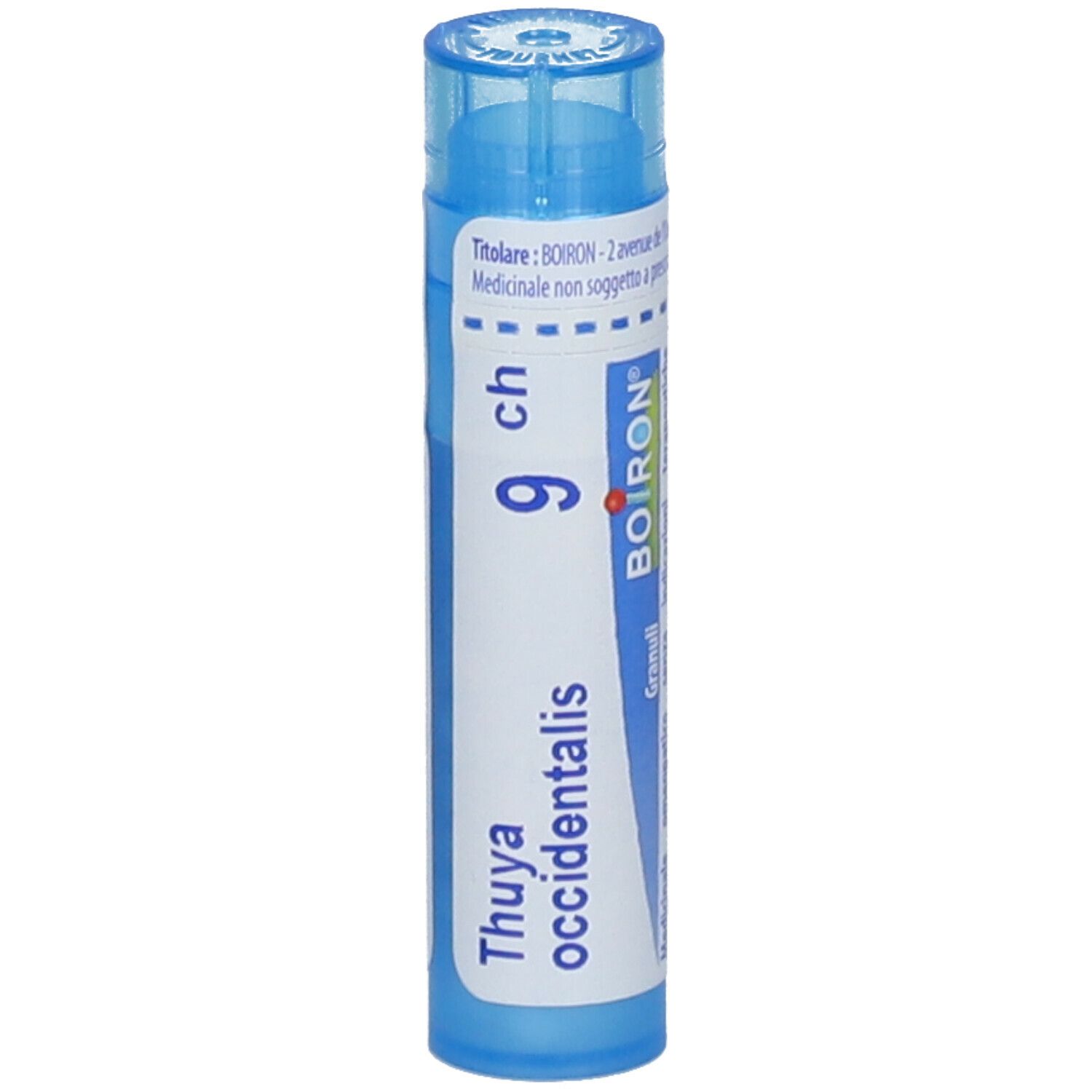 Tubo blu con etichetta bianca. Scritta 'Thuya occidentalis 9 ch' e logo BOIRON. Prodotto medico.