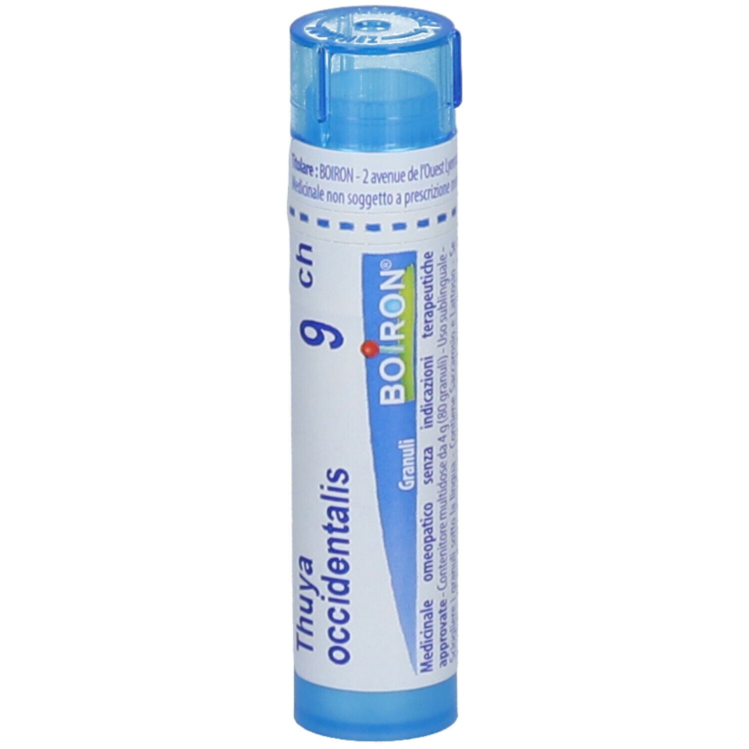 Tubo blu con etichetta bianca. Scritta 'Thuya occidentalis 9 ch' e logo BOIRON. Prodotto medico.