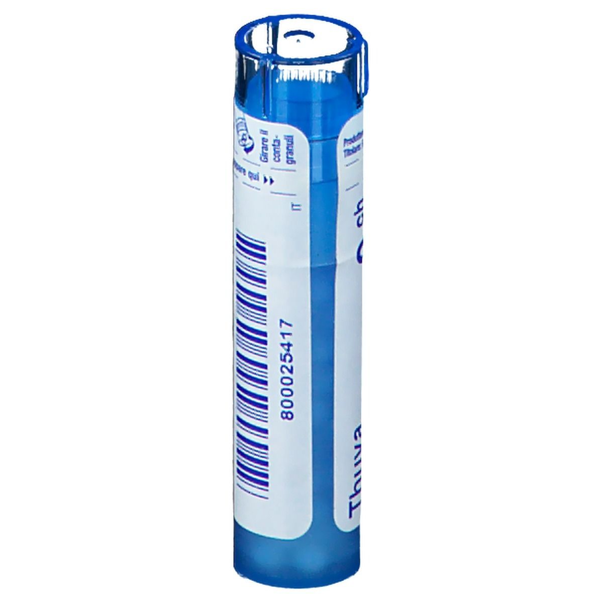 Tubo blu con etichetta bianca e codice a barre. Scritta 'Thuya occidentalis'. Prodotto medico.