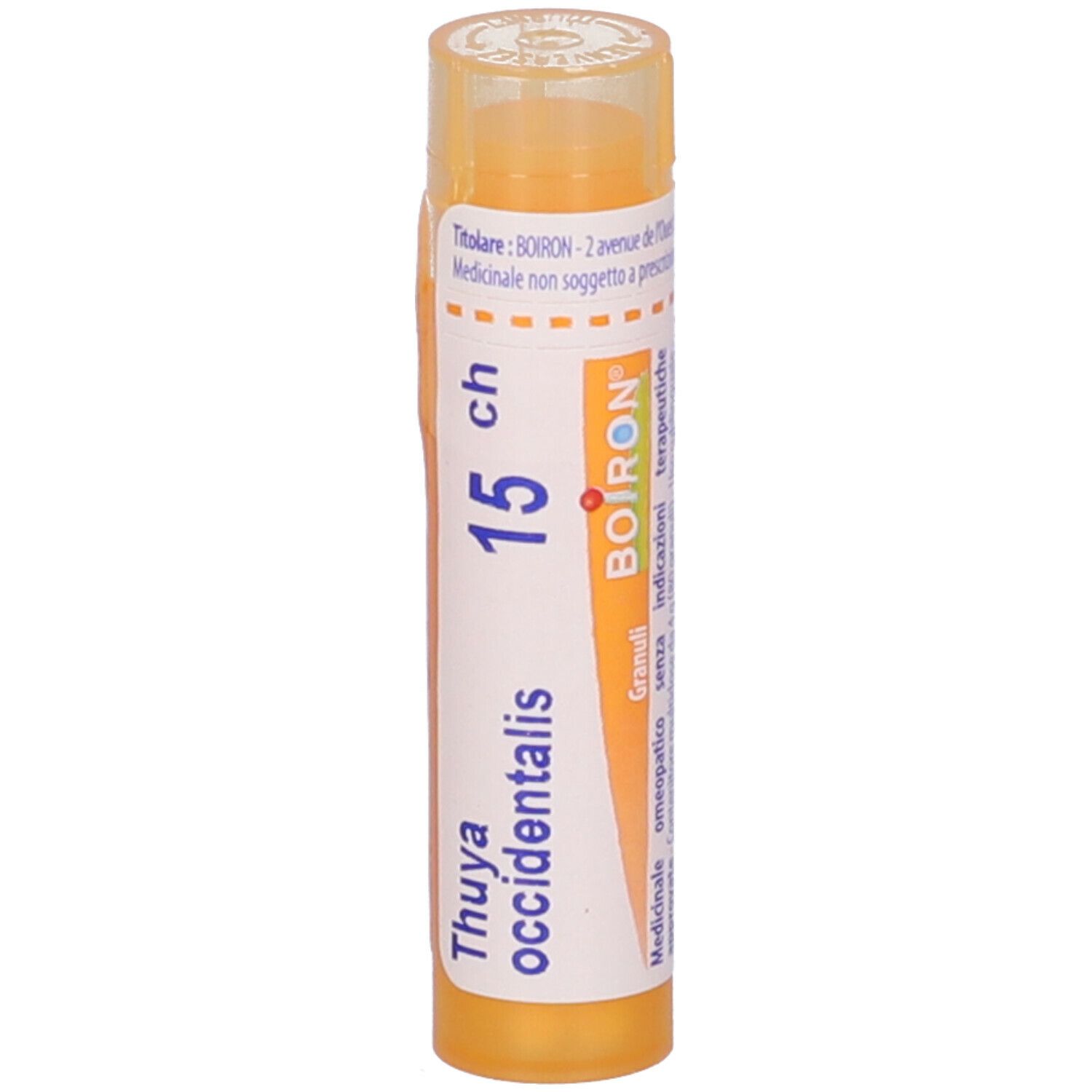 Confezione cilindrica gialla con etichetta bianca. Scritta: Thuya occidentalis 15 ch, BOIRON. Coperchio trasparente.