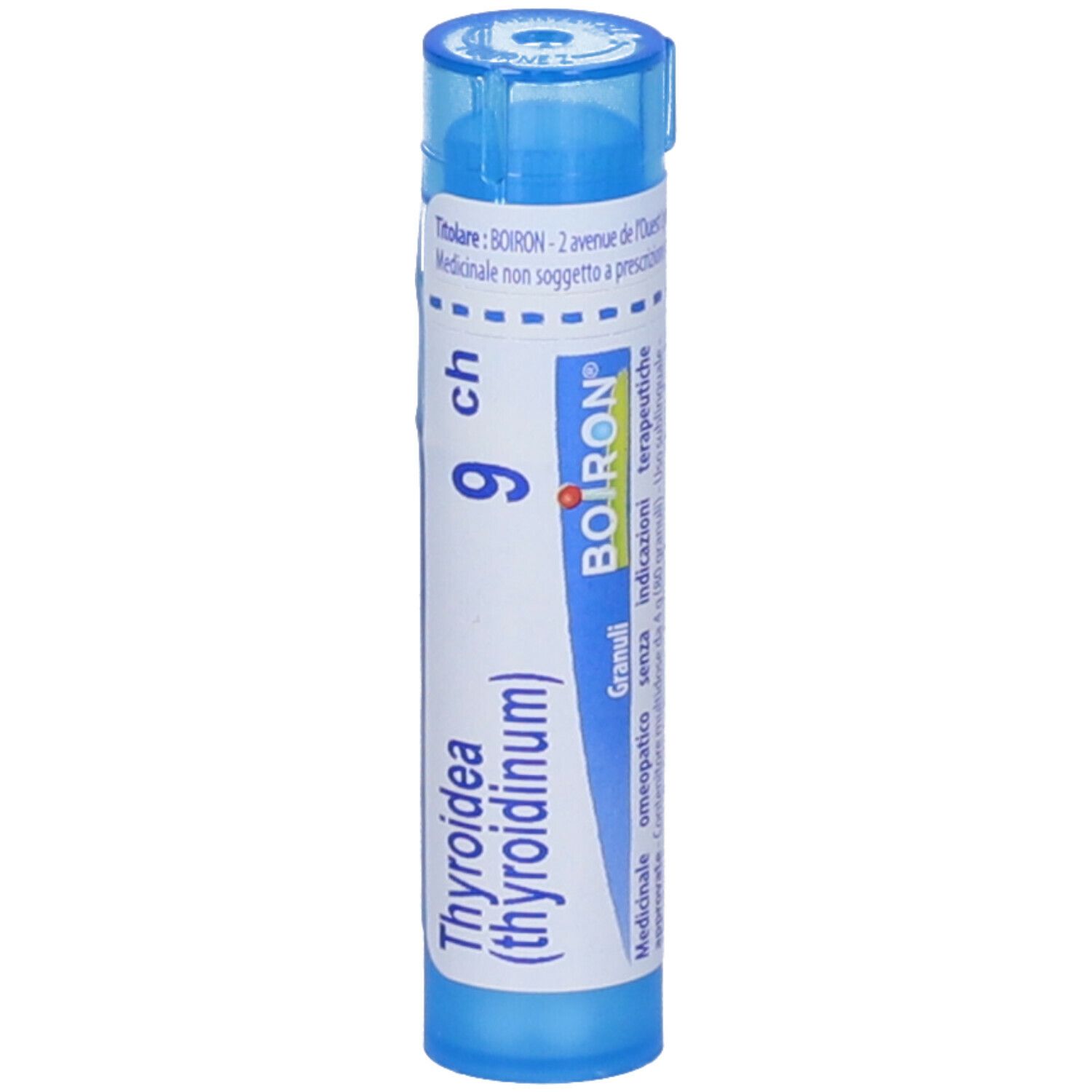 Tubo blu con etichetta bianca. Scritta Thyroidea (thyroidinum) 9 ch. Logo BOIRON.