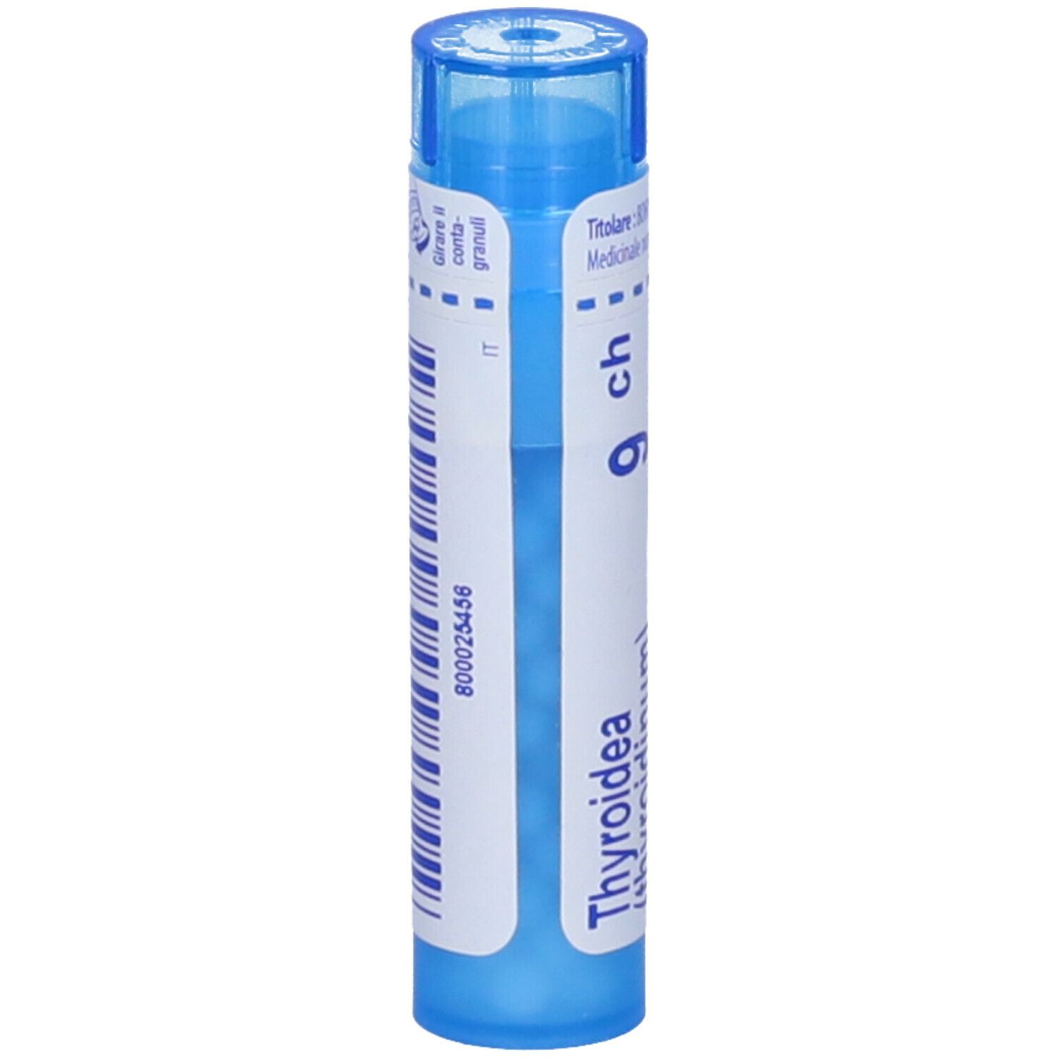 Tubo blu con etichetta bianca e codice a barre. Scritta Thyroidea (thyroidinum) 9 ch.