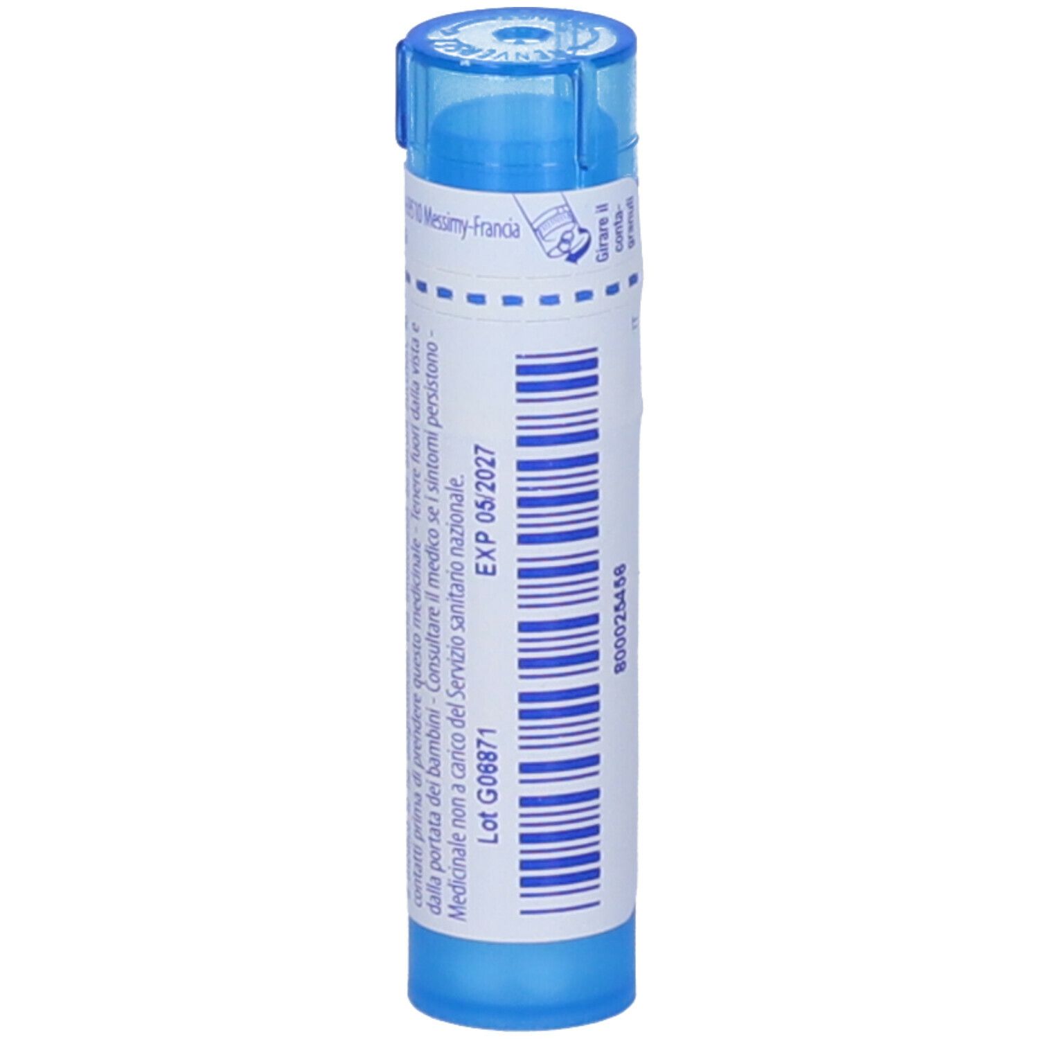 Tubo blu con etichetta bianca. Stampa: EXP 05/2027. Scritta Thyroidea (thyroidinum) 9 ch.