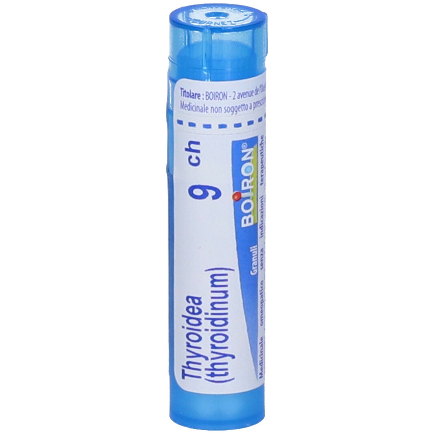 Tubo blu con etichetta bianca. Scritta Thyroidea (thyroidinum) 9 ch. Logo BOIRON.
