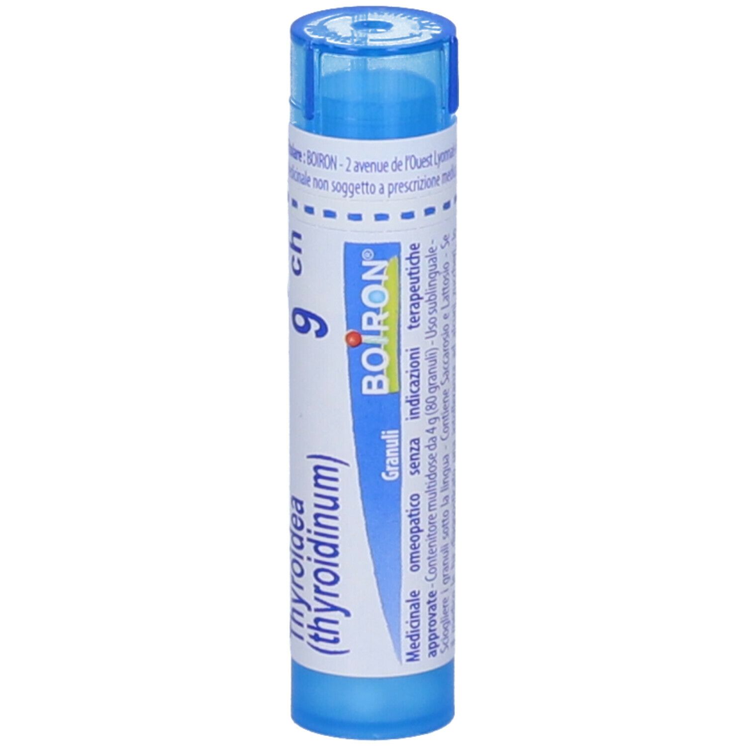 Tubo blu con etichetta bianca. Scritta Thyroidea (thyroidinum) 9 ch. Logo BOIRON.