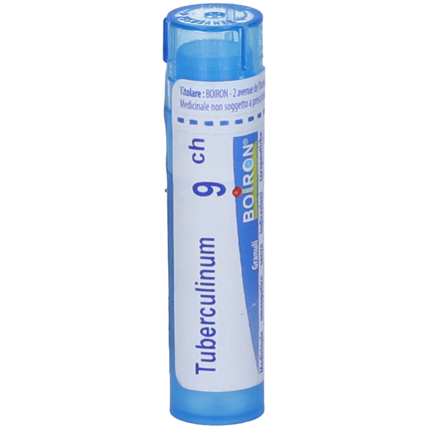 Tubo blu con etichetta bianca. Scritta: Tubercolinum 9 ch, BOIRON. Granuli. Vista verticale.