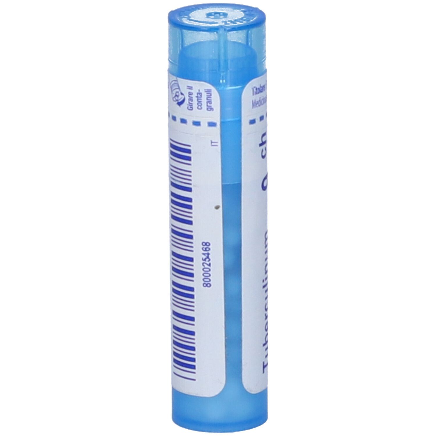 Tubo blu con etichetta bianca. Scritta: Tubercolinum 9 ch, BOIRON. Codice a barre e informazioni.