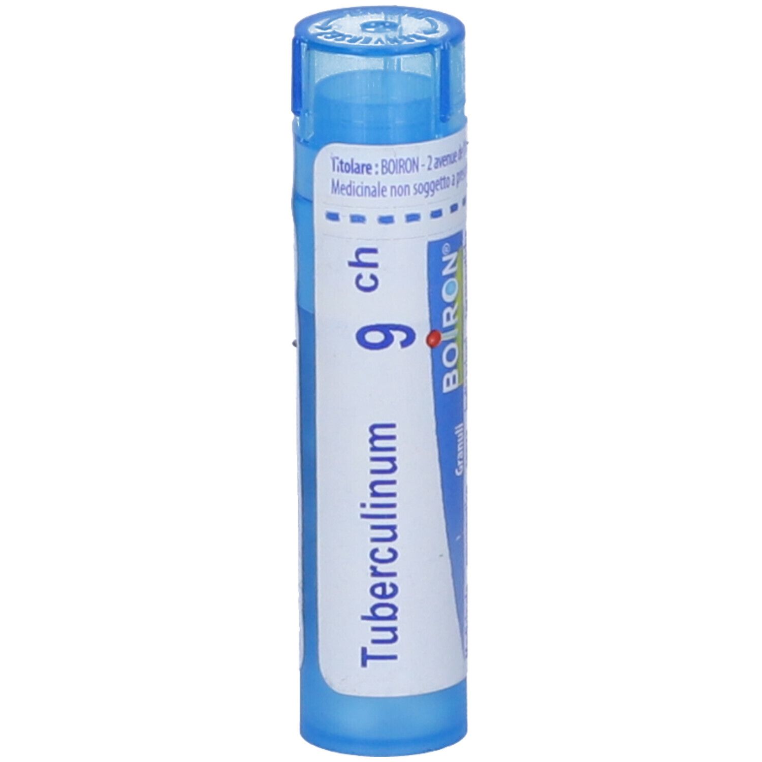 Tubo blu con etichetta bianca. Scritta: Tubercolinum 9 ch, BOIRON. Granuli.