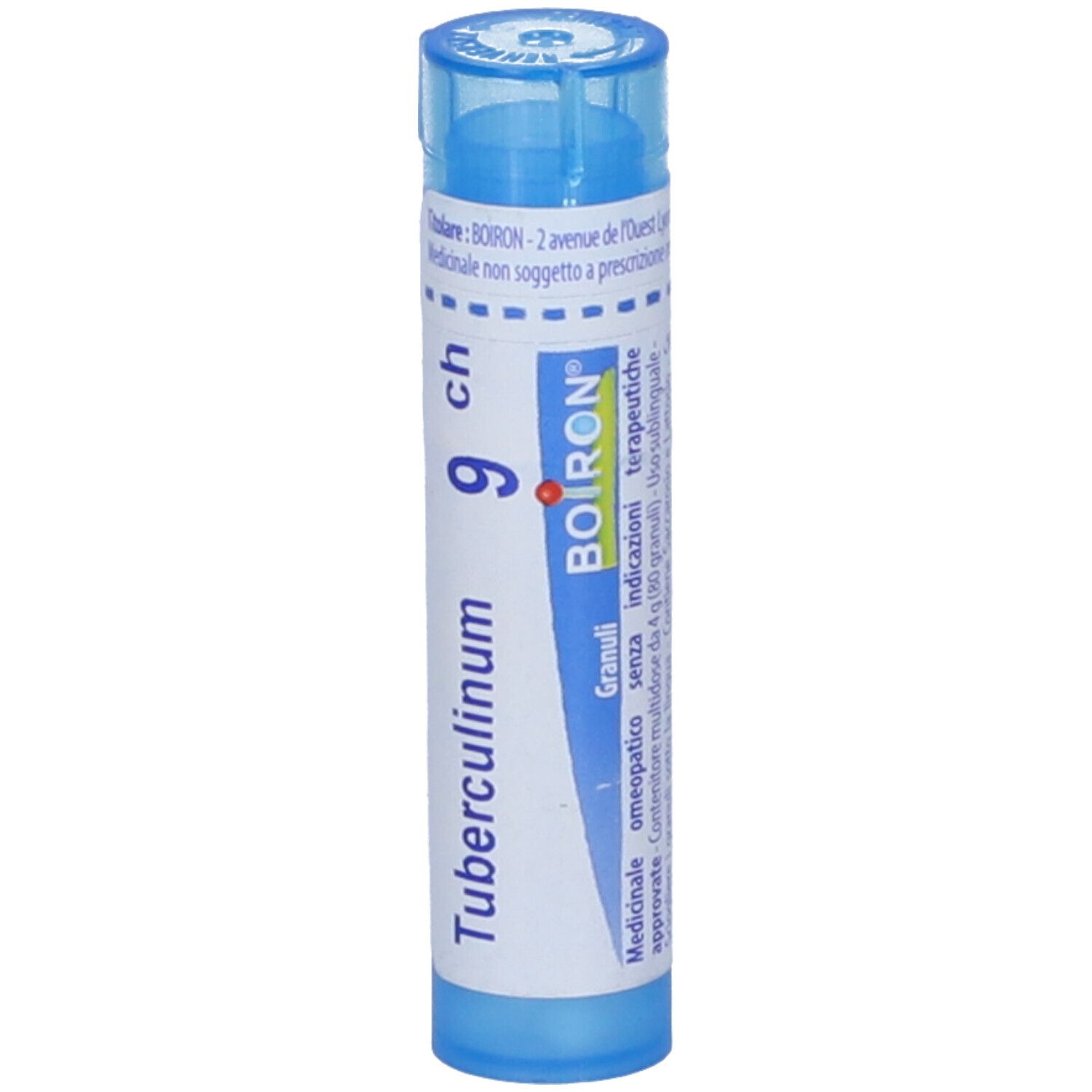 Tubo blu con etichetta bianca. Scritta: Tubercolinum 9 ch, BOIRON. Granuli, omeopatico.