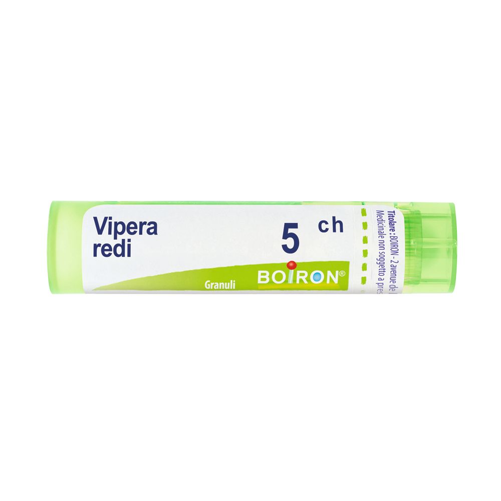 Confezione cilindrica con tappo verde. Scritte: Vipera redi, 5 ch, Granuli, BOIRON.